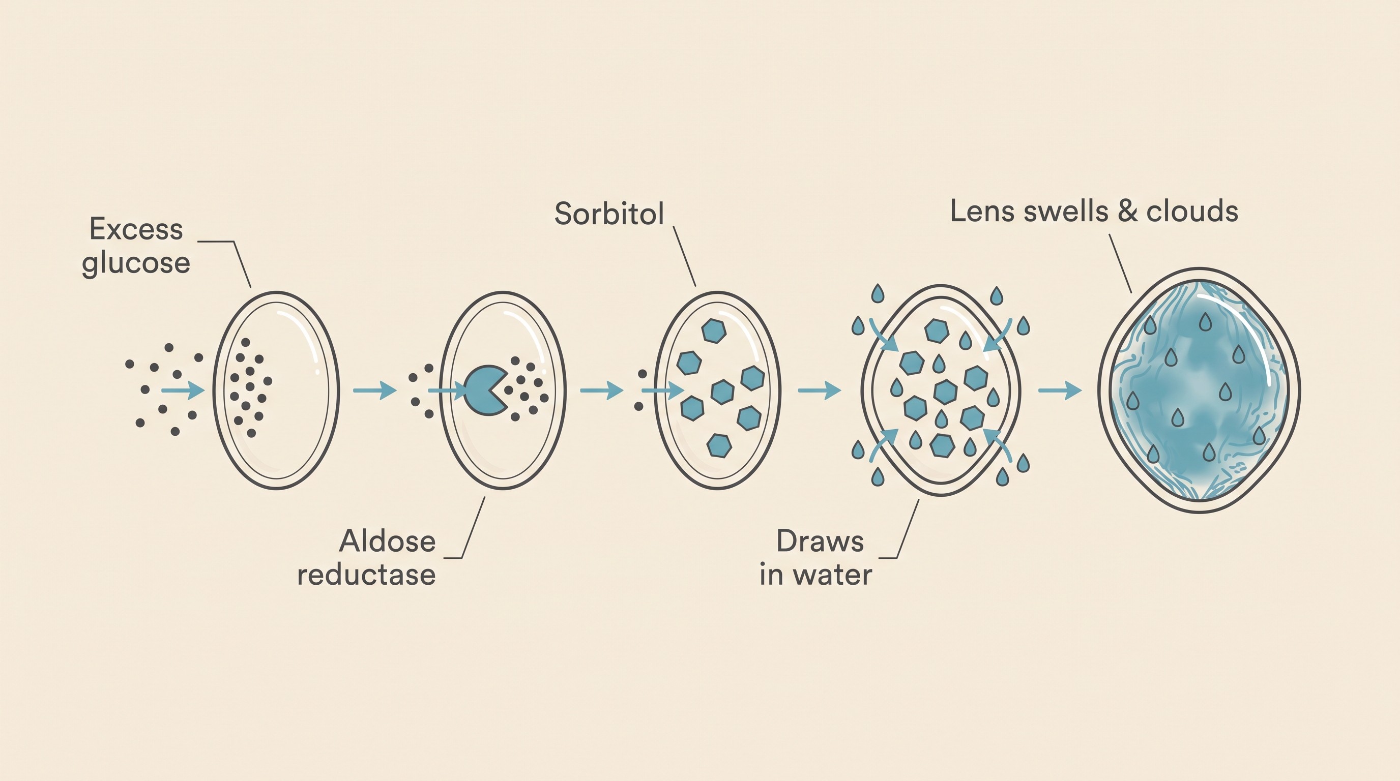 Labelled flat diagram on cream showing how excess glucose in the lens is converted by aldose reductase into sorbitol, which draws in water, swells the lens fibres and turns the lens opaque