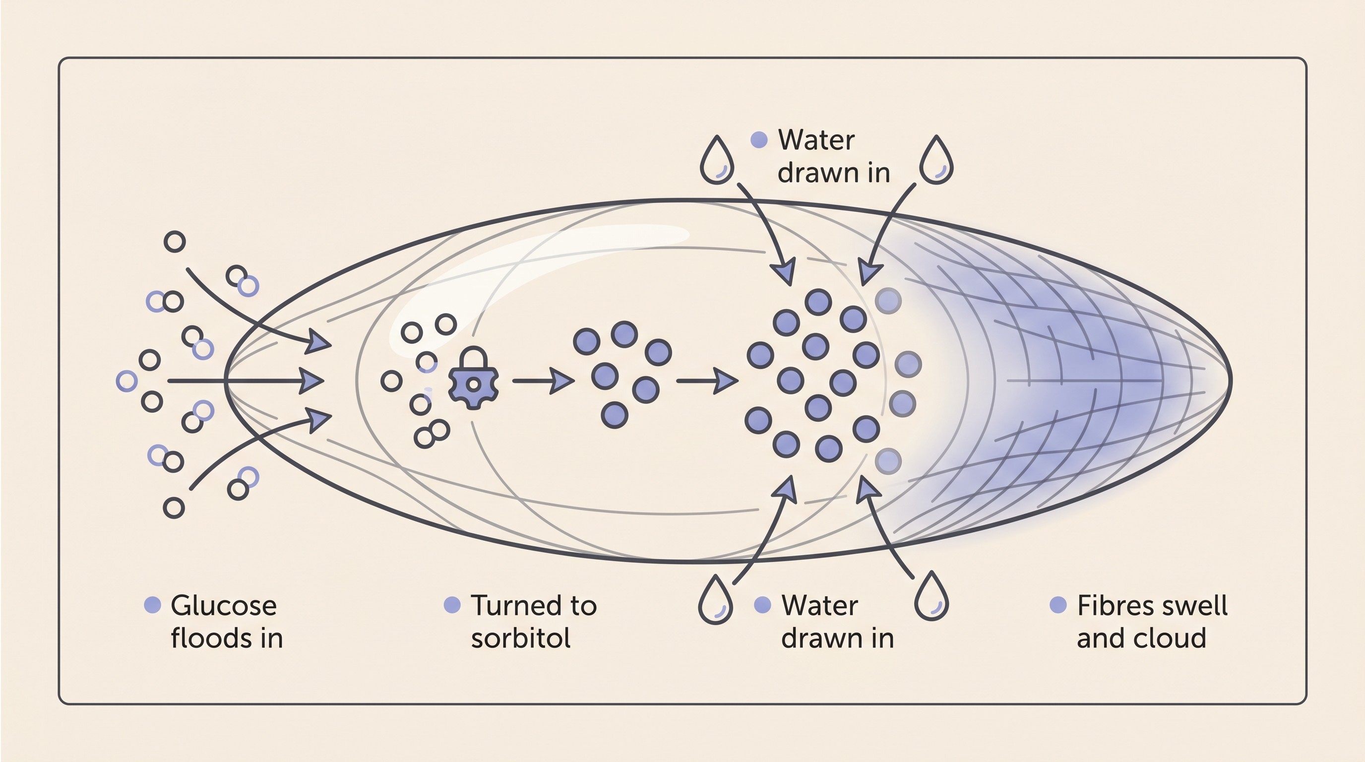 Flat labelled diagram on cream showing glucose flooding into the lens, the enzyme aldose reductase converting it to sorbitol, water being drawn in by the sorbitol, and the lens fibres swelling and clouding as a result