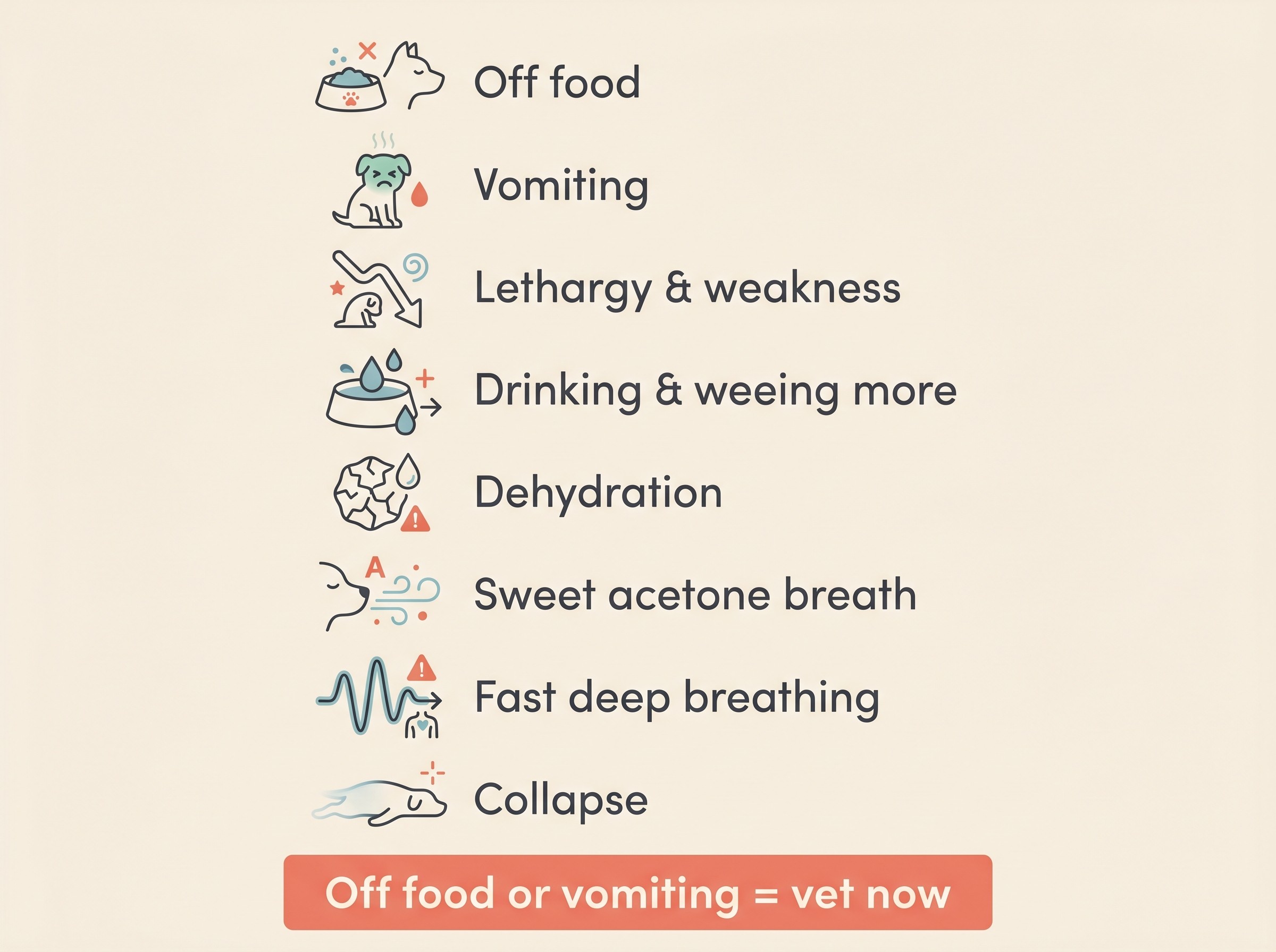 A warning-panel card on cream listing the DKA red flags in a diabetic pet: off food, vomiting, lethargy and weakness, drinking and weeing more, dehydration, sweet acetone breath, fast deep breathing, then collapse, with a banner reading off food or vomiting equals vet now