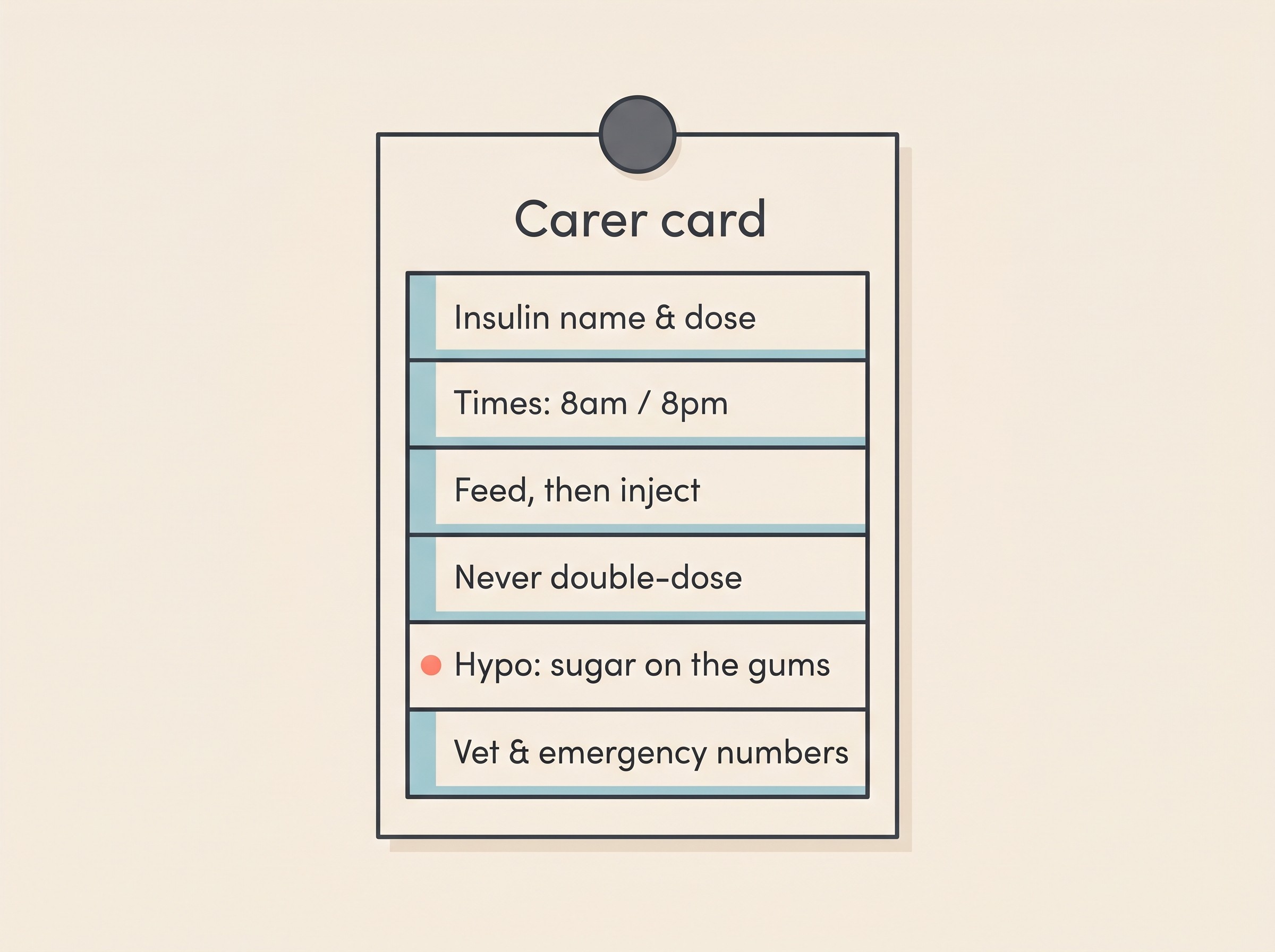 A fridge-door carer card listing the insulin name, dose and two times, the feed-then-inject and never-double rules, the gums-sugar hypo rescue, and the vet and emergency phone numbers