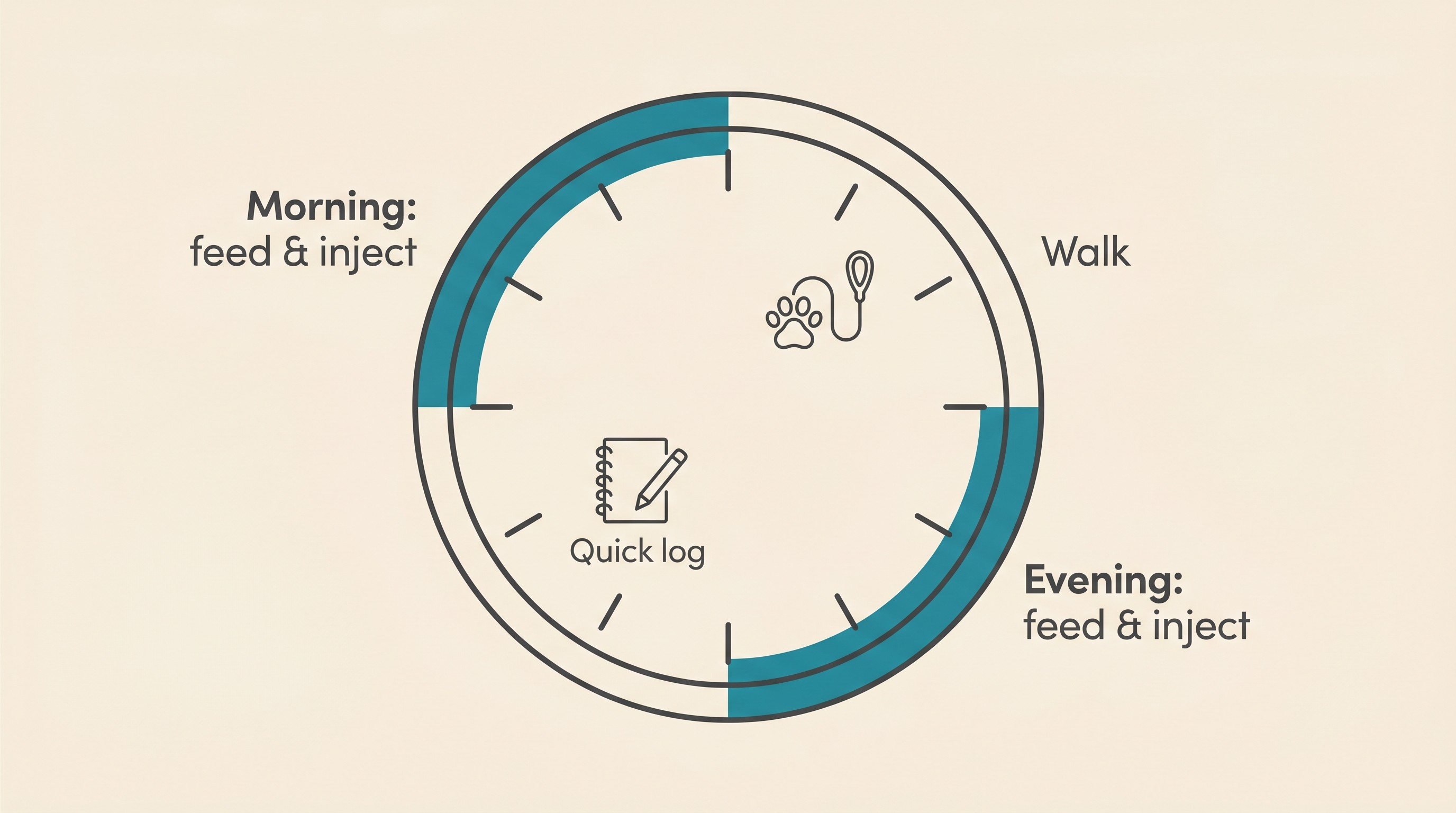 A diabetic pet's day shown on a clock face: a meal-and-injection window in the morning and another about twelve hours later in the evening, with a walk and a quick log marked in between