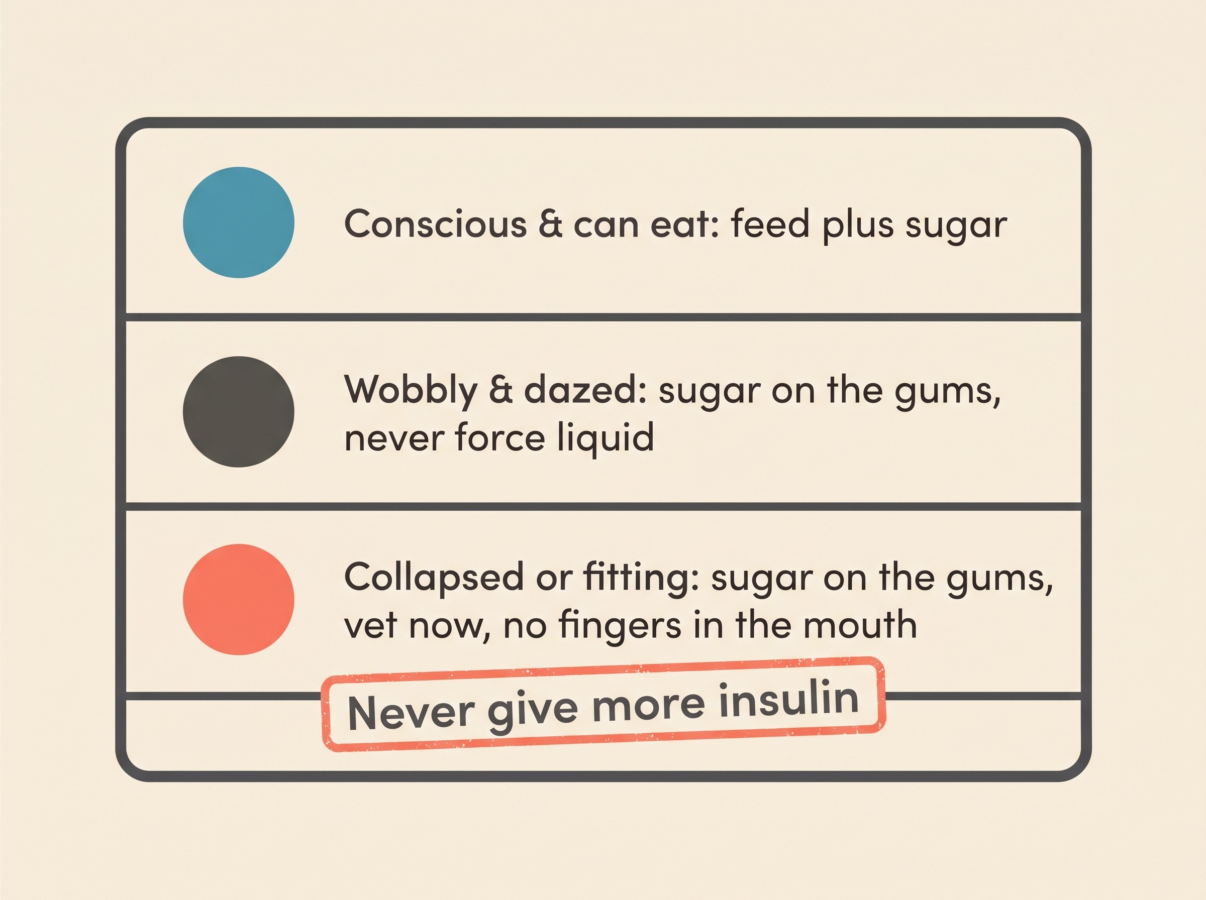 A traffic-light rescue card: conscious and able to eat means feed plus sugar; wobbly and dazed means sugar on the gums and never force liquid; collapsed or fitting means sugar on the gums and vet now and never put fingers in the mouth, with a stamp reading never give more insulin