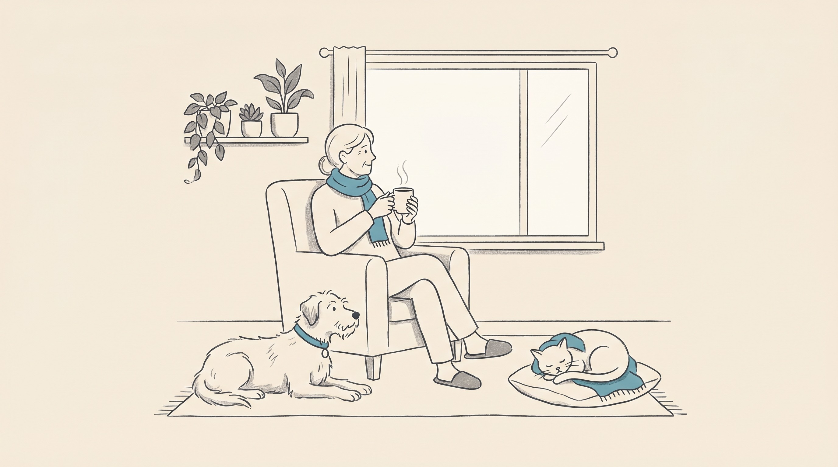 A calm owner sitting quietly at home with an older dog and cat