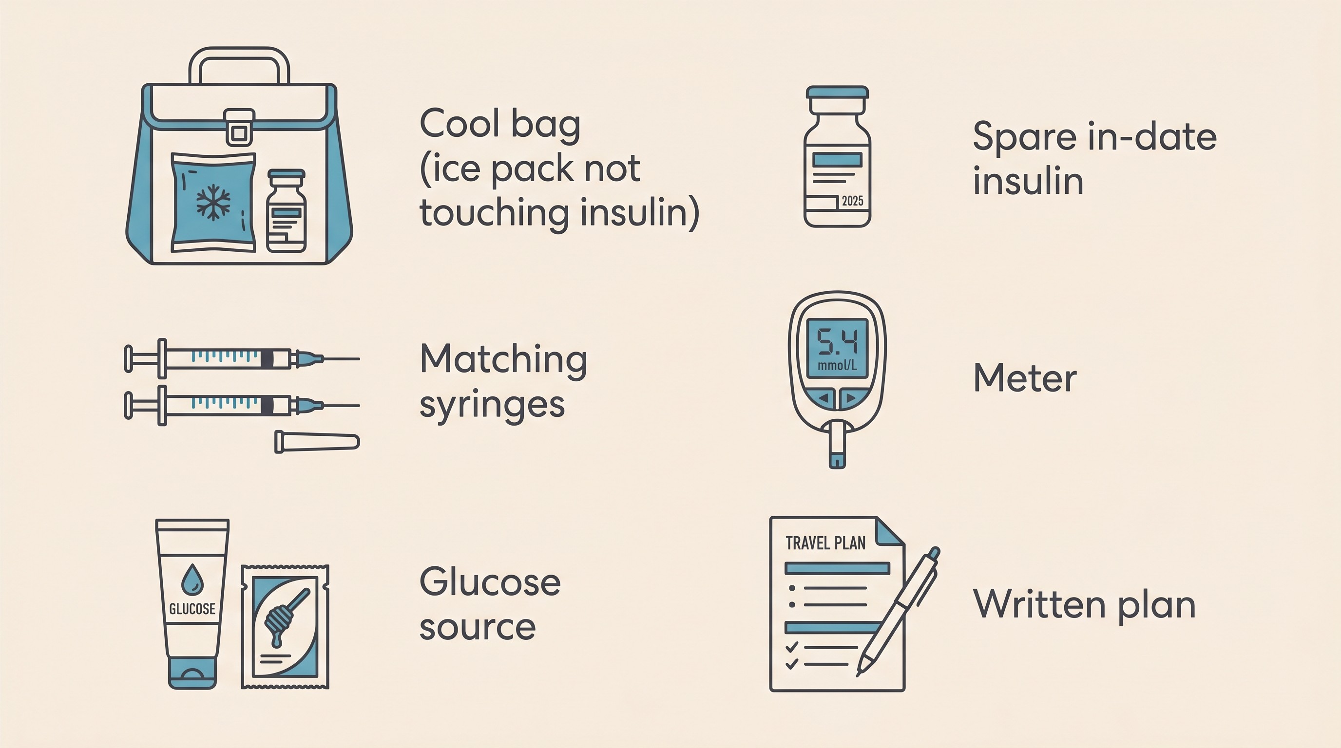 A travel kit card showing a cool bag with an ice pack the insulin does not touch, spare in-date insulin, matching syringes, a meter, a glucose source and a written plan