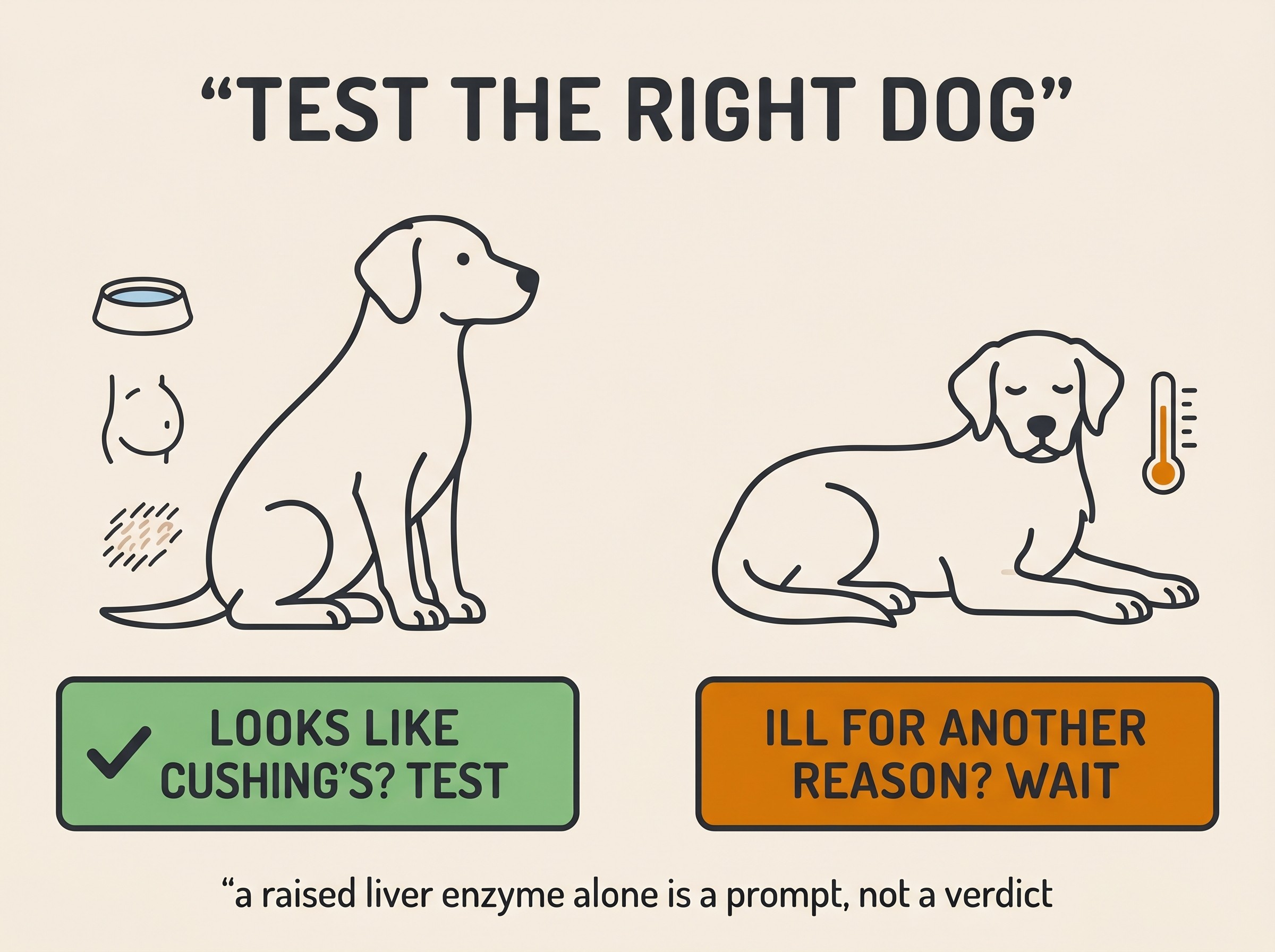 Compare card titled TEST THE RIGHT DOG showing a dog with Cushing's clues under a TEST panel beside a poorly resting dog under a WAIT panel, footnoted that a raised liver enzyme alone is a prompt, not a verdict