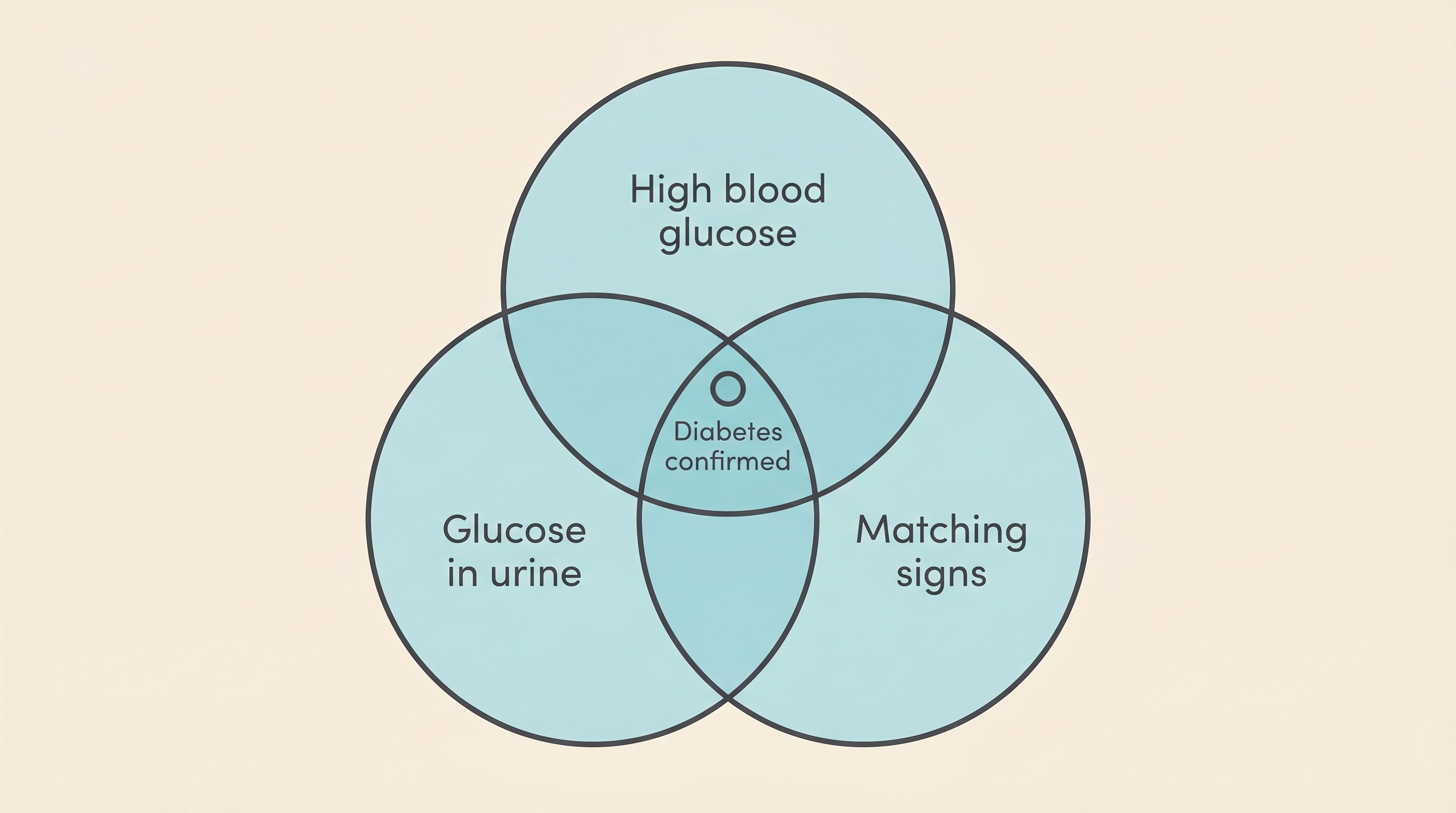 A diagram showing the three legs of the diabetes diagnosis lining up: persistent high blood glucose, glucose in the urine, and matching clinical signs