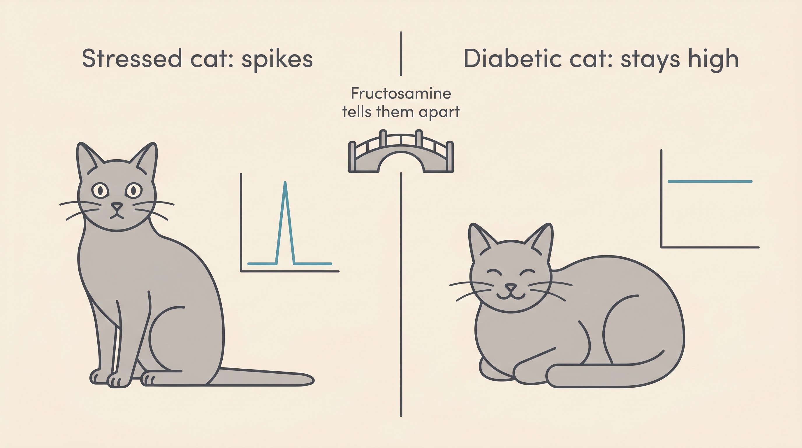 A two-panel comparison: a frightened cat with a transiently high glucose from stress beside a truly diabetic cat with a sustained high glucose, with fructosamine shown as the test that tells them apart