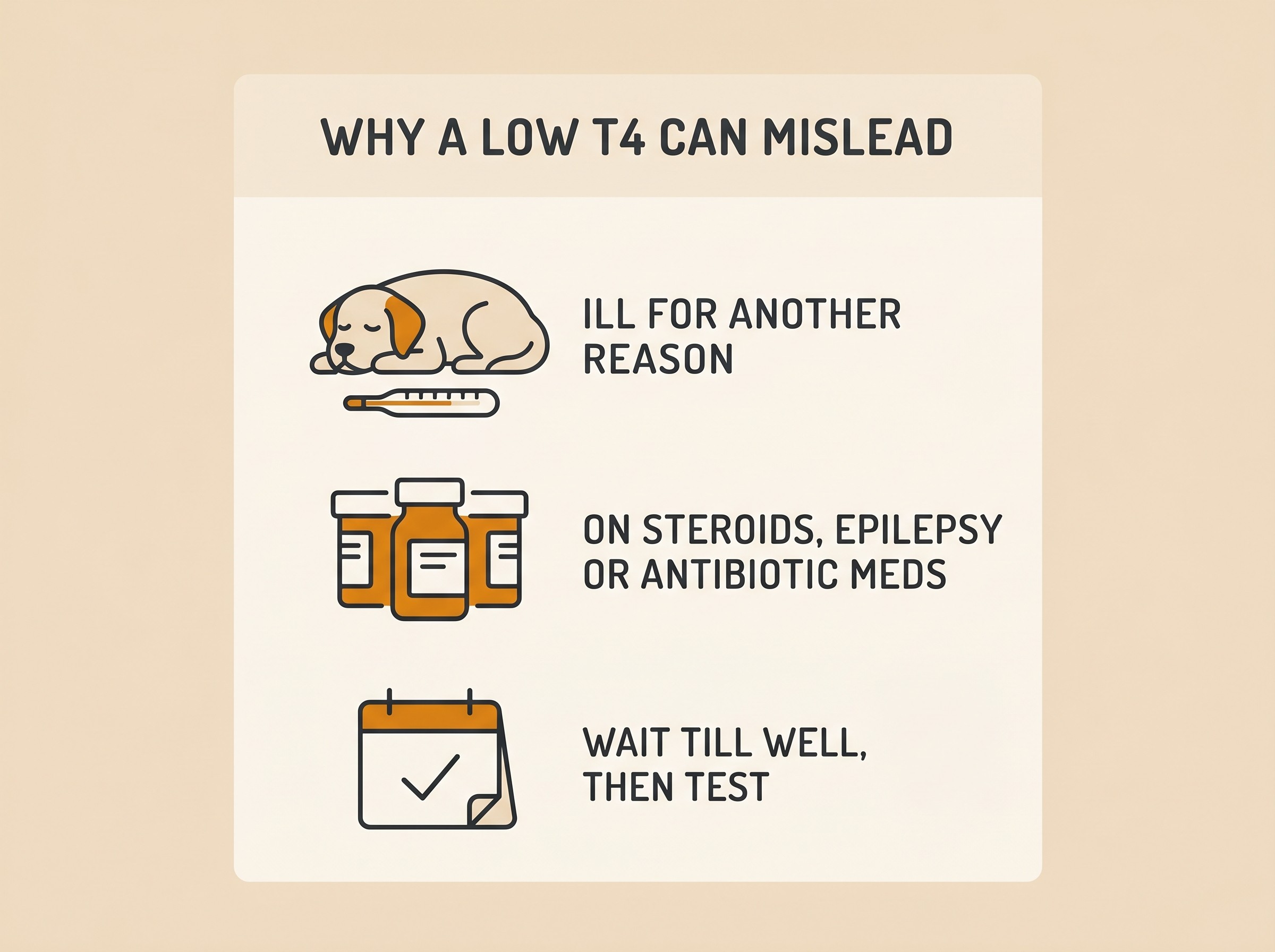 Icon card showing three reasons a low T4 can mislead: illness, medications, and waiting until well to test