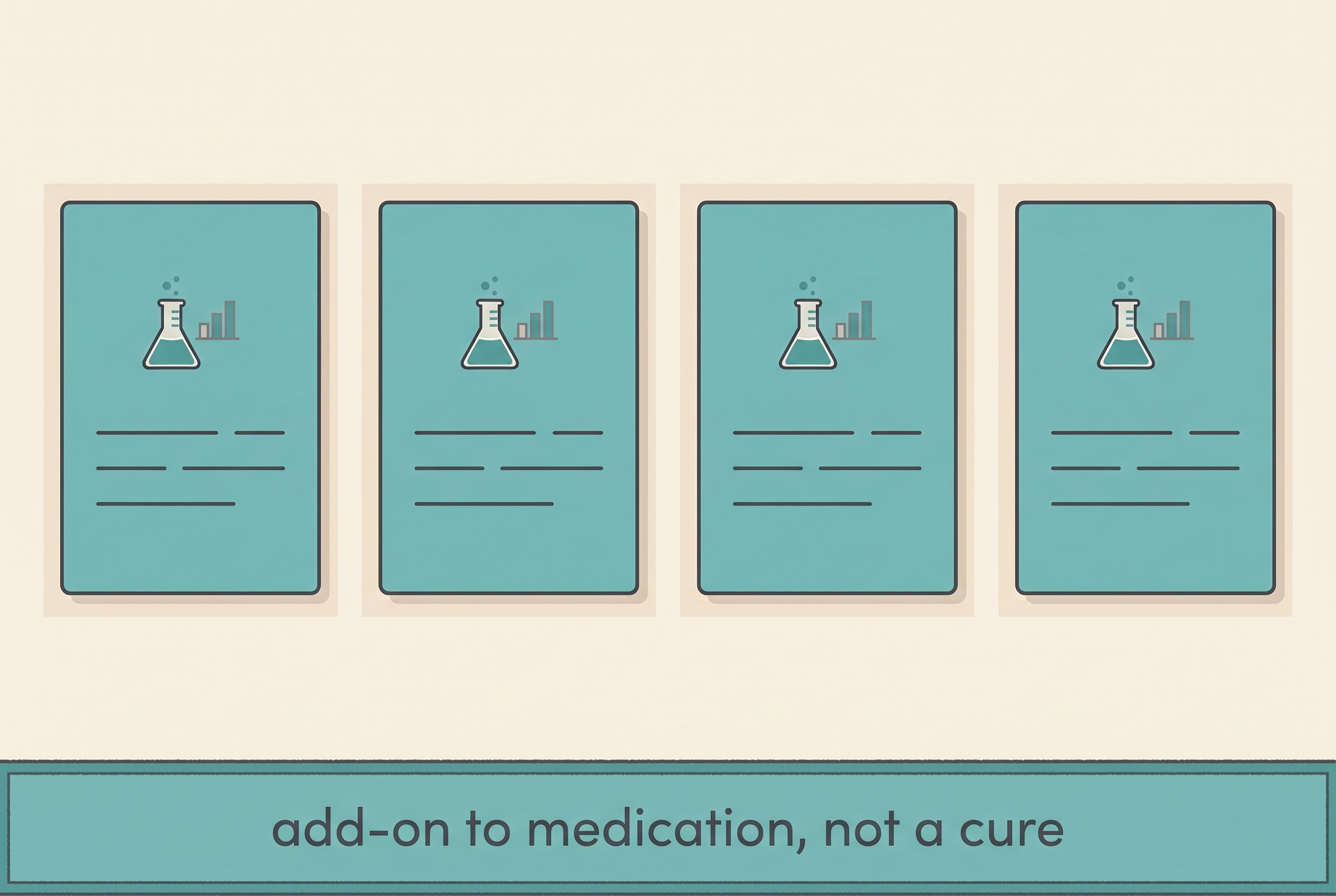 A four-panel strip on a cream background summarising the controlled dog trials of MCT for epilepsy, each panel showing study name, design and headline result, with a footer reading "add-on to medication, not a cure"