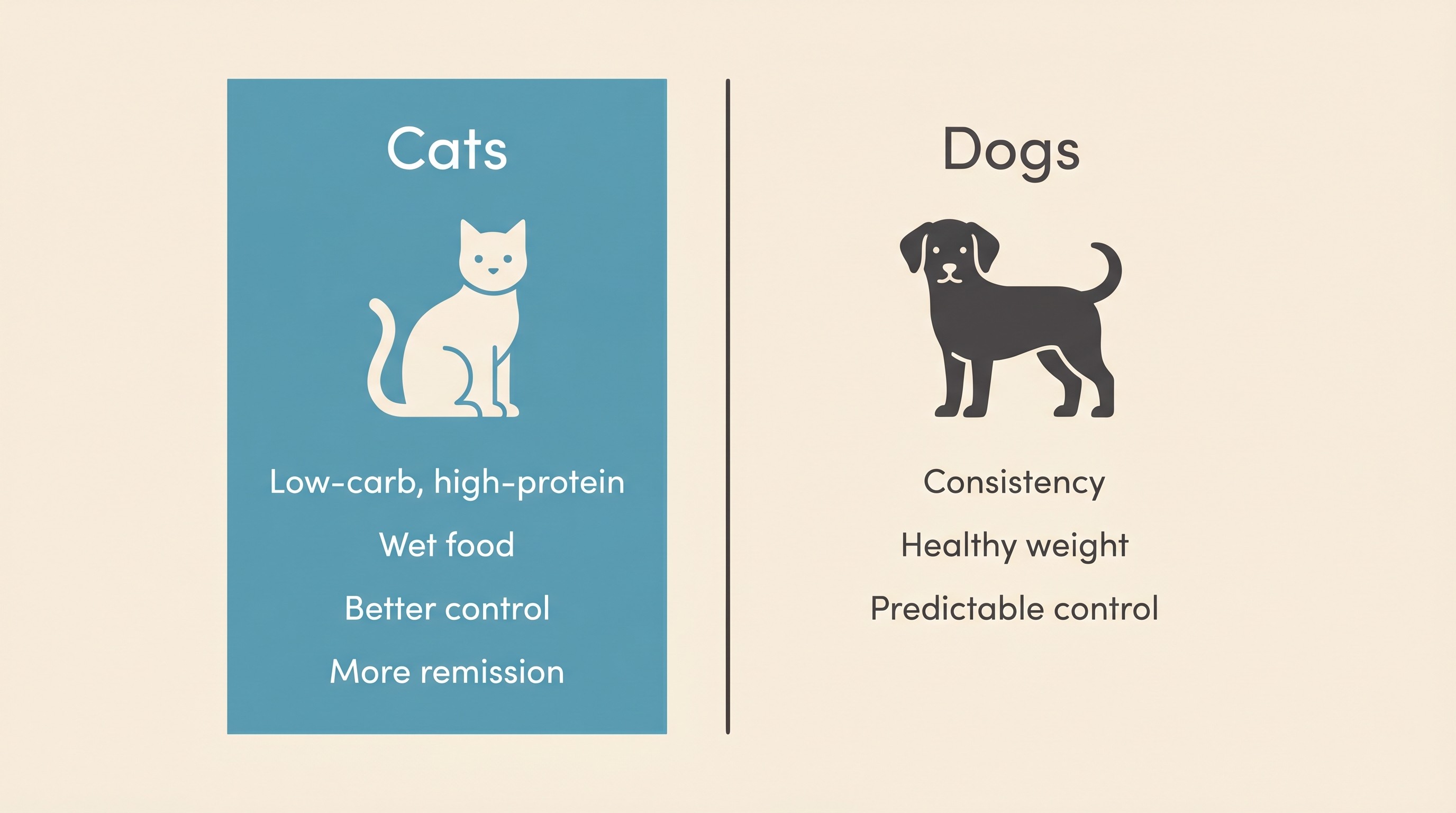 A two-column panel contrasting the diet lever in cats versus dogs, cats labelled "Low-carb, high-protein, wet, better control, more remission" and dogs labelled "Consistency plus healthy weight, predictable control"