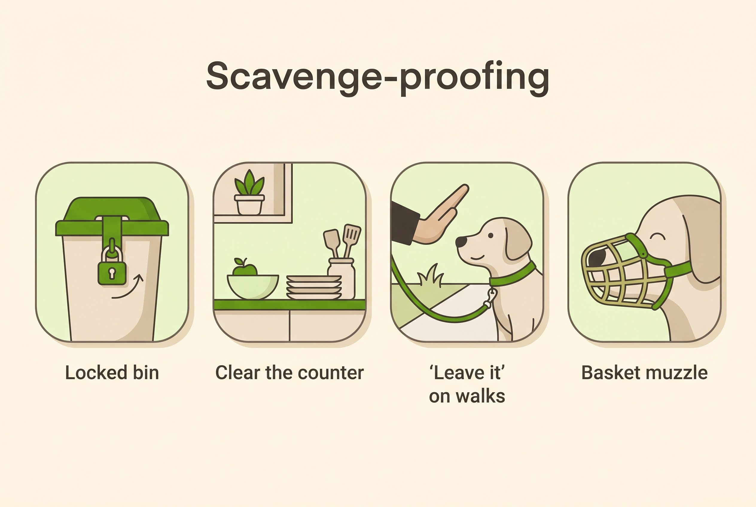Flat icons on cream of a locked bin, a cleared kitchen counter, a hand giving the leave it cue on a walk, and a basket muzzle, under the heading scavenge-proofing
