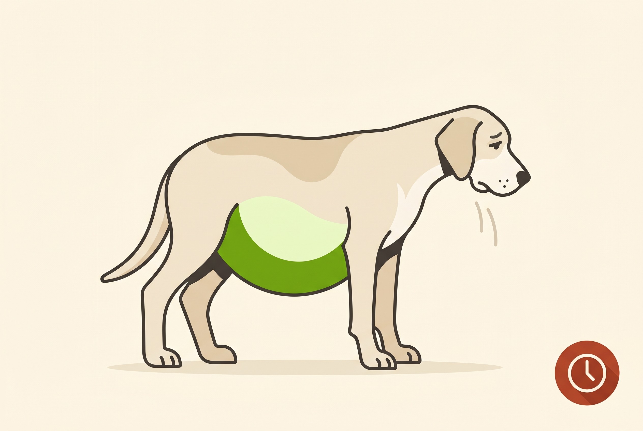A large, deep-chested dog with a swelling, hard belly and unproductive retching, illustrating bloat as a go-now emergency
