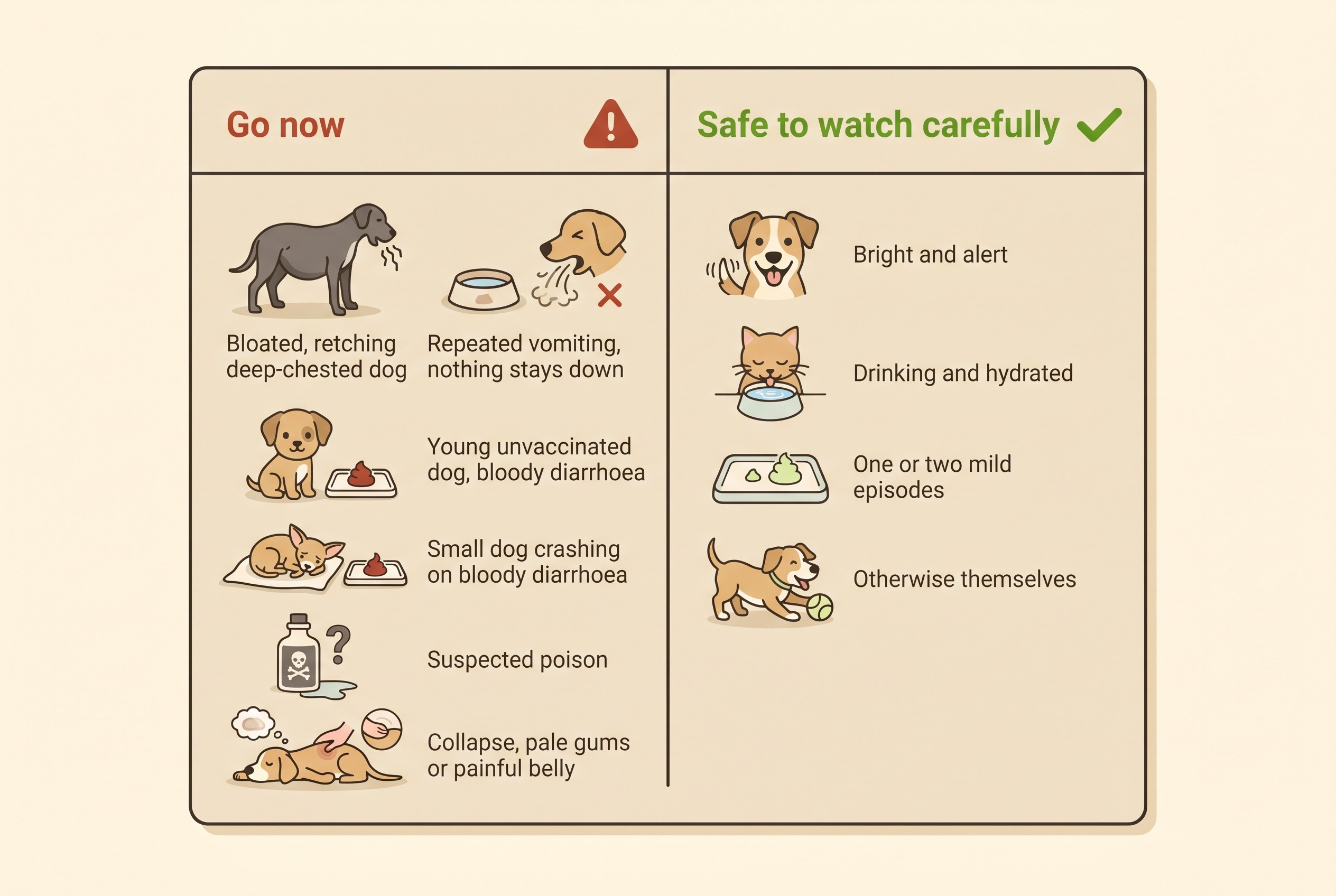 A quick red-flag checklist contrasting go-now emergencies with situations safe to watch carefully