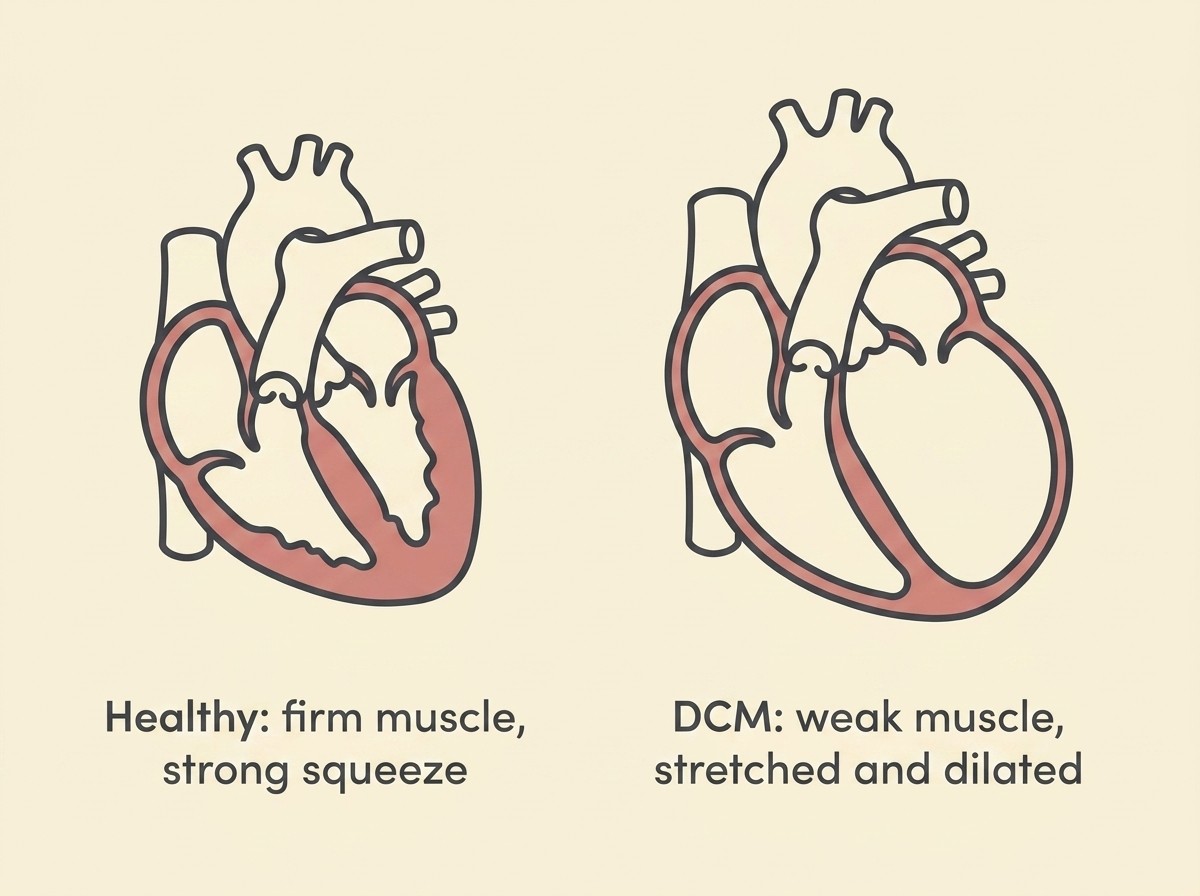 A simple cross-section diagram of a dog heart shown twice side by side. On the left a healthy heart with thick muscular walls and a small chamber, labelled "healthy: firm muscle, strong squeeze". On the right a DCM heart with thin stretched walls and an enlarged round chamber, labelled "DCM: weak muscle, stretched and dilated".