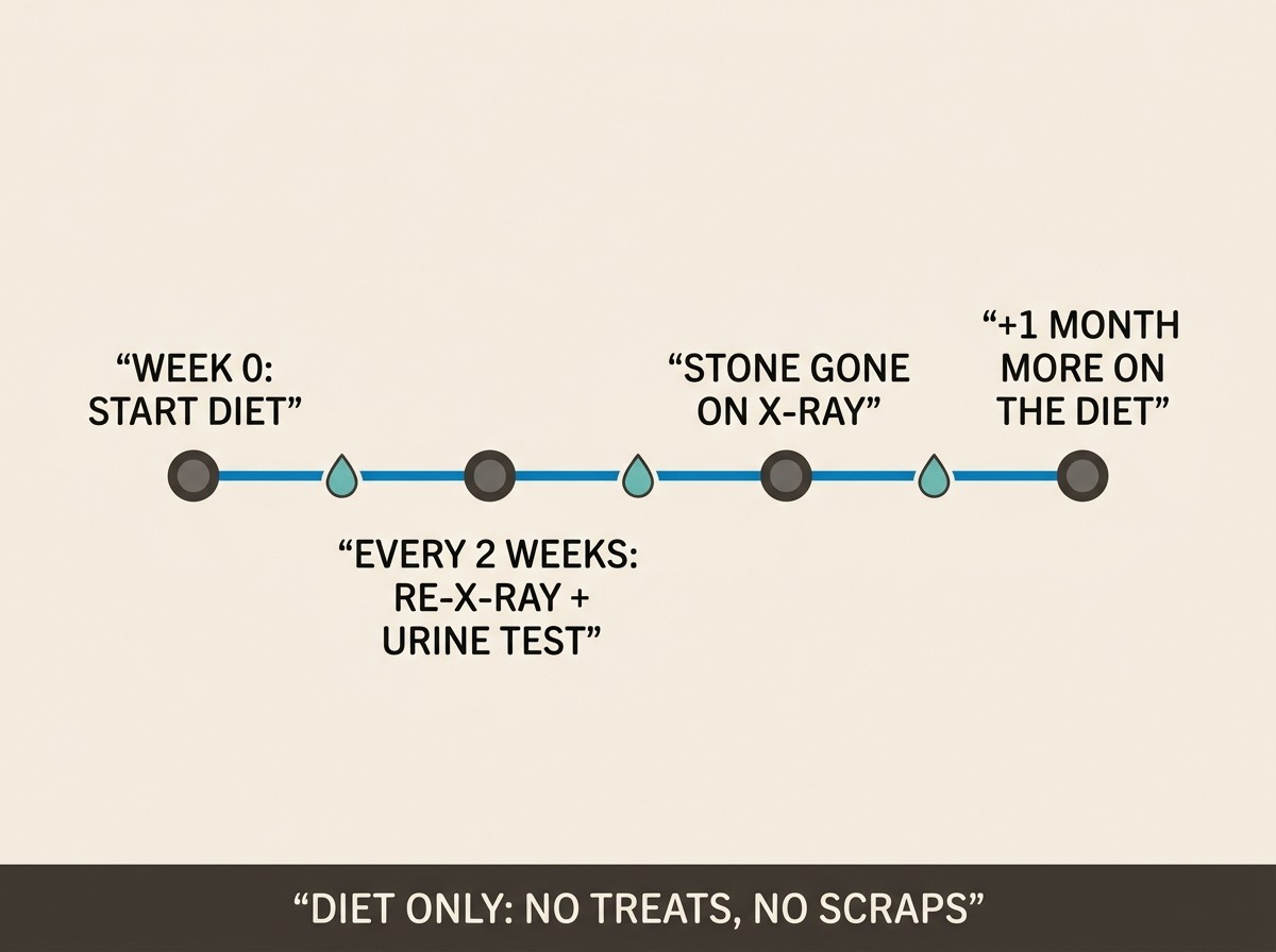 Flat vector timeline card on cream. A horizontal water-blue line with markers reading "WEEK 0: START DIET", "EVERY 2 WEEKS: RE-X-RAY + URINE TEST", "STONE GONE ON X-RAY", "+1 MONTH MORE ON THE DIET". A small aqua water-drop motif runs along the line. A soft-charcoal note at the foot reads "DIET ONLY: NO TREATS, NO SCRAPS".