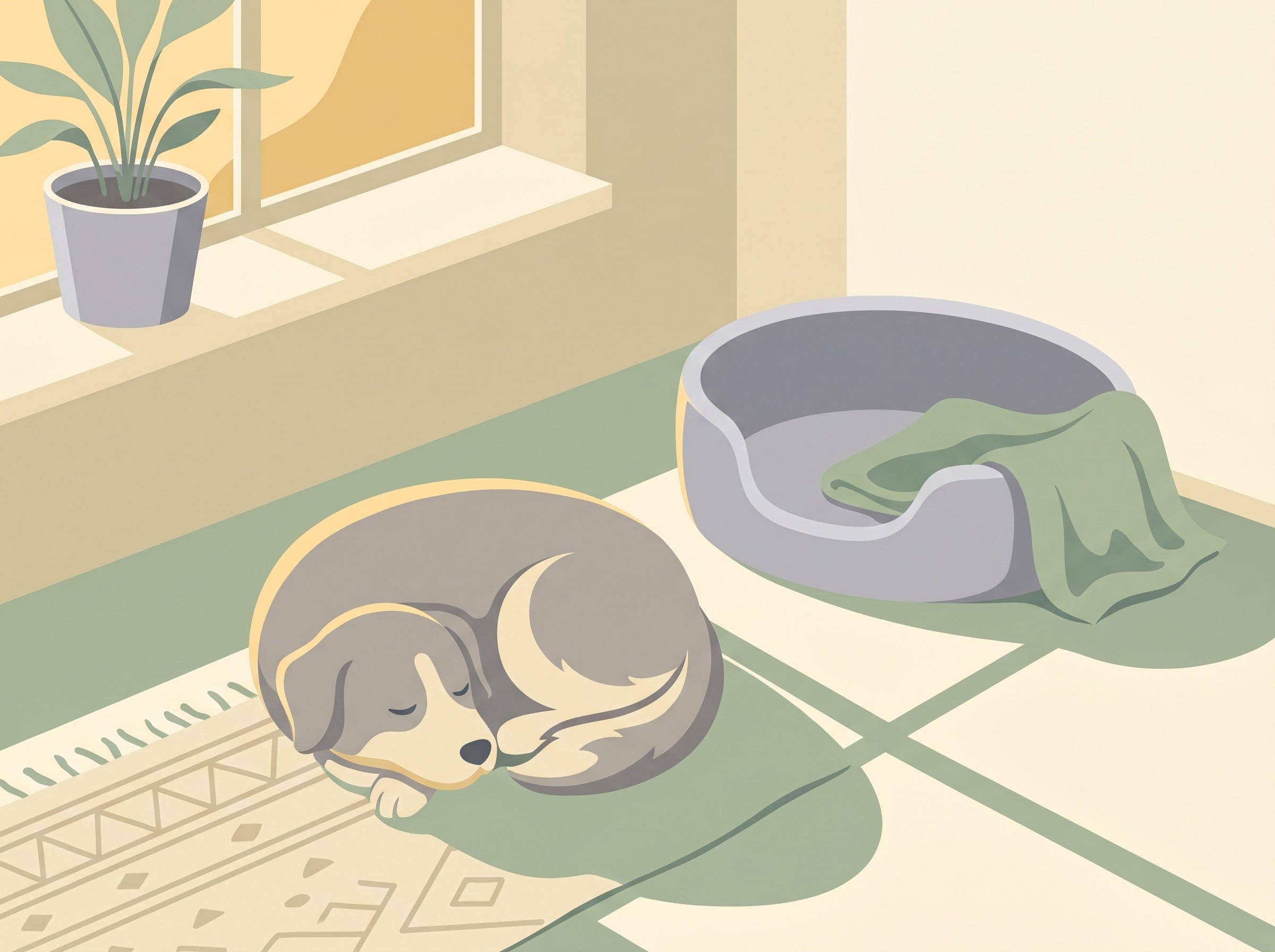 A dog resting alone on the floor beside an empty second pet bed in soft morning light, the room quiet and ordinary, in gentle cream and dove-grey tones