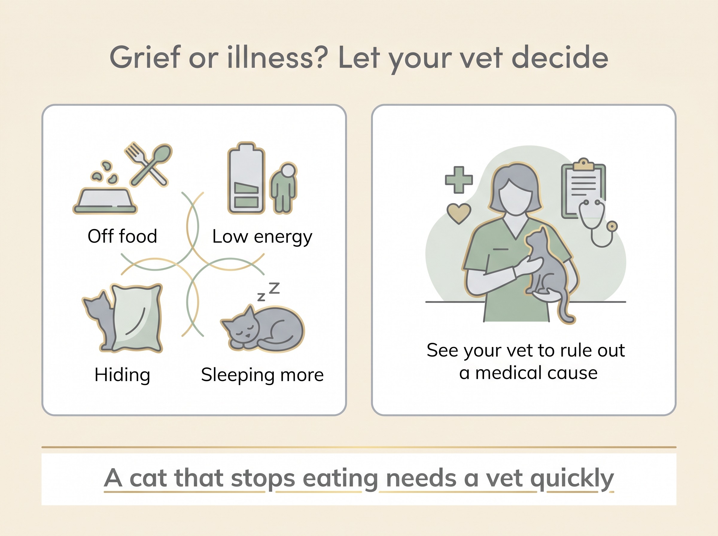 A two-panel card on cream headed "Grief or illness? Let your vet decide", pairing the overlapping signs (off food, low energy, hiding, sleeping more) with the action to take, see your vet to rule out a medical cause, and a separate highlighted line for a cat that stops eating
