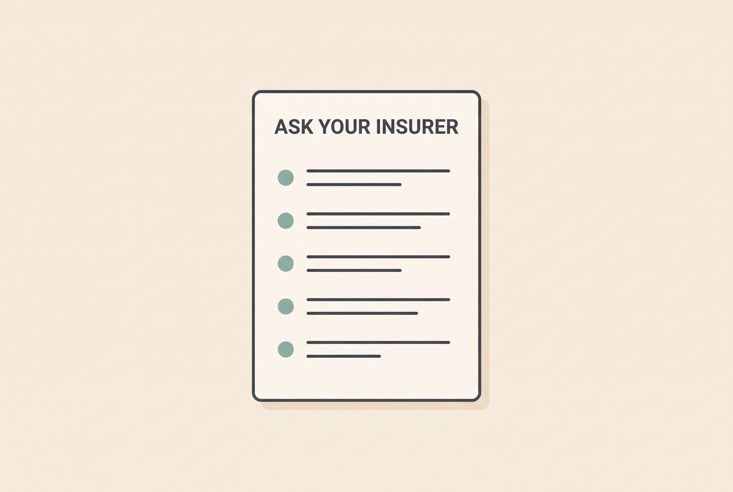 A short list of five questions to ask an insurer, shown as a calm checklist card on cream