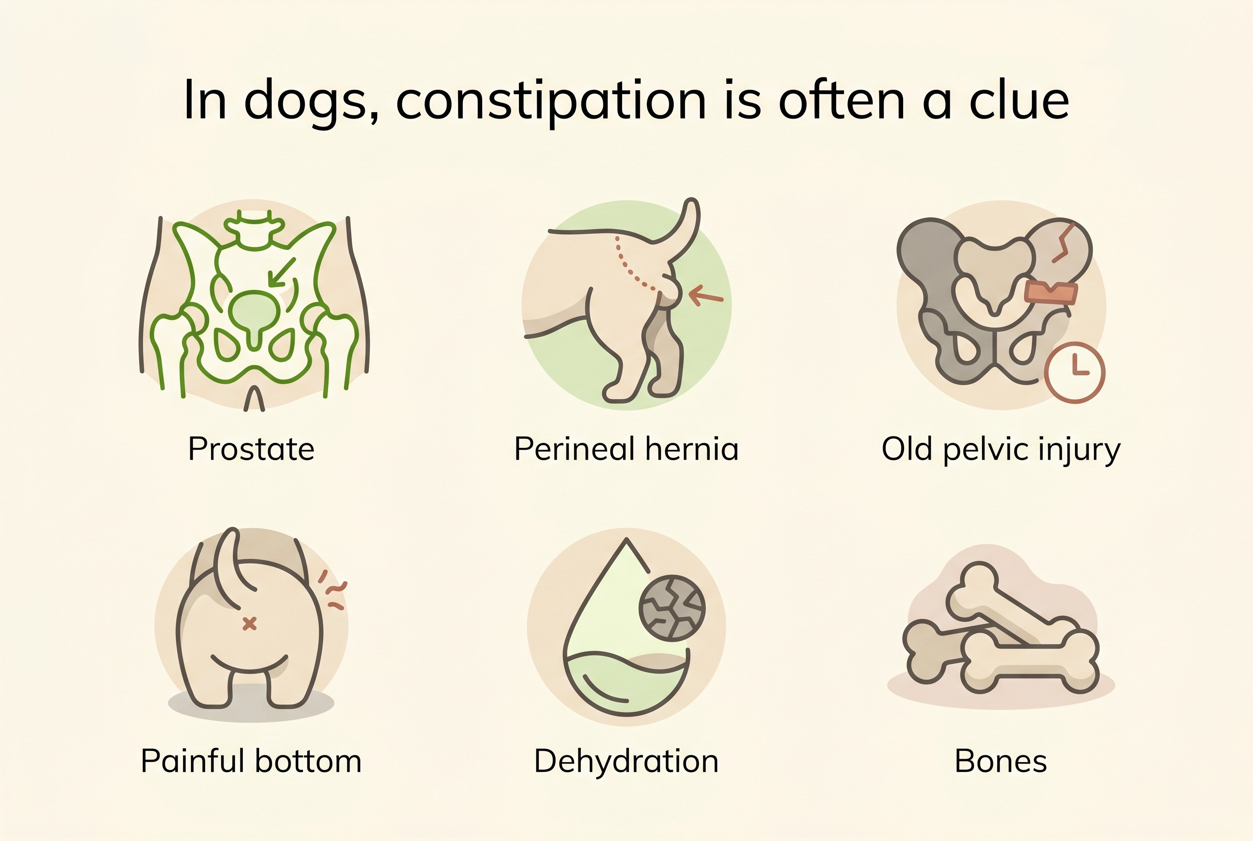 Flat icon spread on cream titled "In dogs, constipation is often a clue", with six labelled line icons: Prostate, Perineal hernia, Old pelvic injury, Painful bottom, Dehydration, Bones