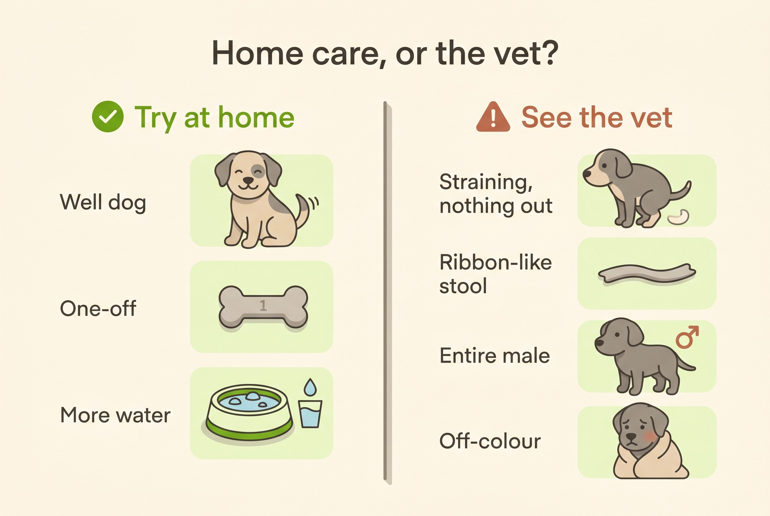 Flat decision card on cream titled "Home care, or the vet?", split in two: a "Try at home" column labelled "Well dog", "One-off", "More water"; and a "See the vet" column labelled "Straining, nothing out", "Ribbon-like stool", "Entire male", "Off-colour"