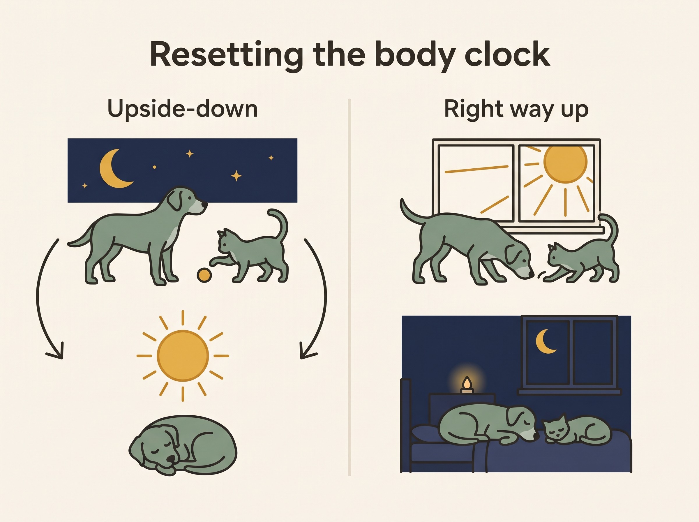 A two-part flat-vector diagram titled "Resetting the body clock". Left, "Upside-down": a moon over a wide-awake pacing dog and a yowling cat, a sun over a pet fast asleep, a curved arrow showing day and night have swapped. Right, "Right way up": a bright sunny window with a sniffing dog and a cat batting a toy, an arrow curving down to a dark, calm bedroom with both pets settled and a small night light glowing. Oat-cream field, honey-gold daytime, sage-green night, warm-slate labels.