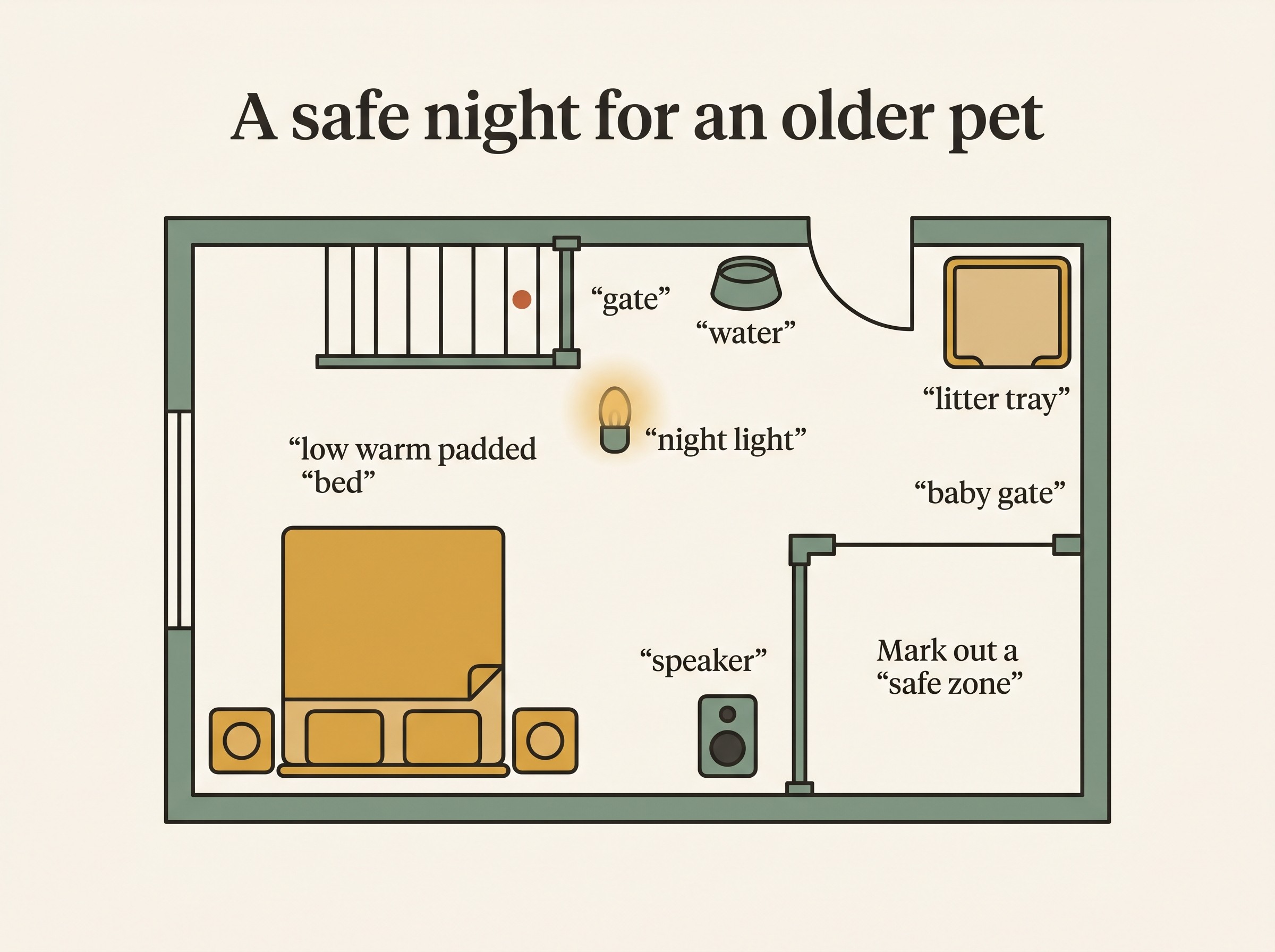 A calm flat-vector overhead map titled "A safe night for an older pet", showing a cosy ground-floor room: a low warm padded bed away from a staircase (a gate across the stair top), a soft night light on the route between the bed and the back door, a water bowl, a low-sided litter tray in a quiet corner for the cat, a small speaker for gentle sound, and a baby gate making a snug safe zone. Each item has a short label in quotes. Oat-cream field, sage-green and honey-gold accents, warm-slate ink, a single small terracotta dot marking the stairs as the hazard to block.