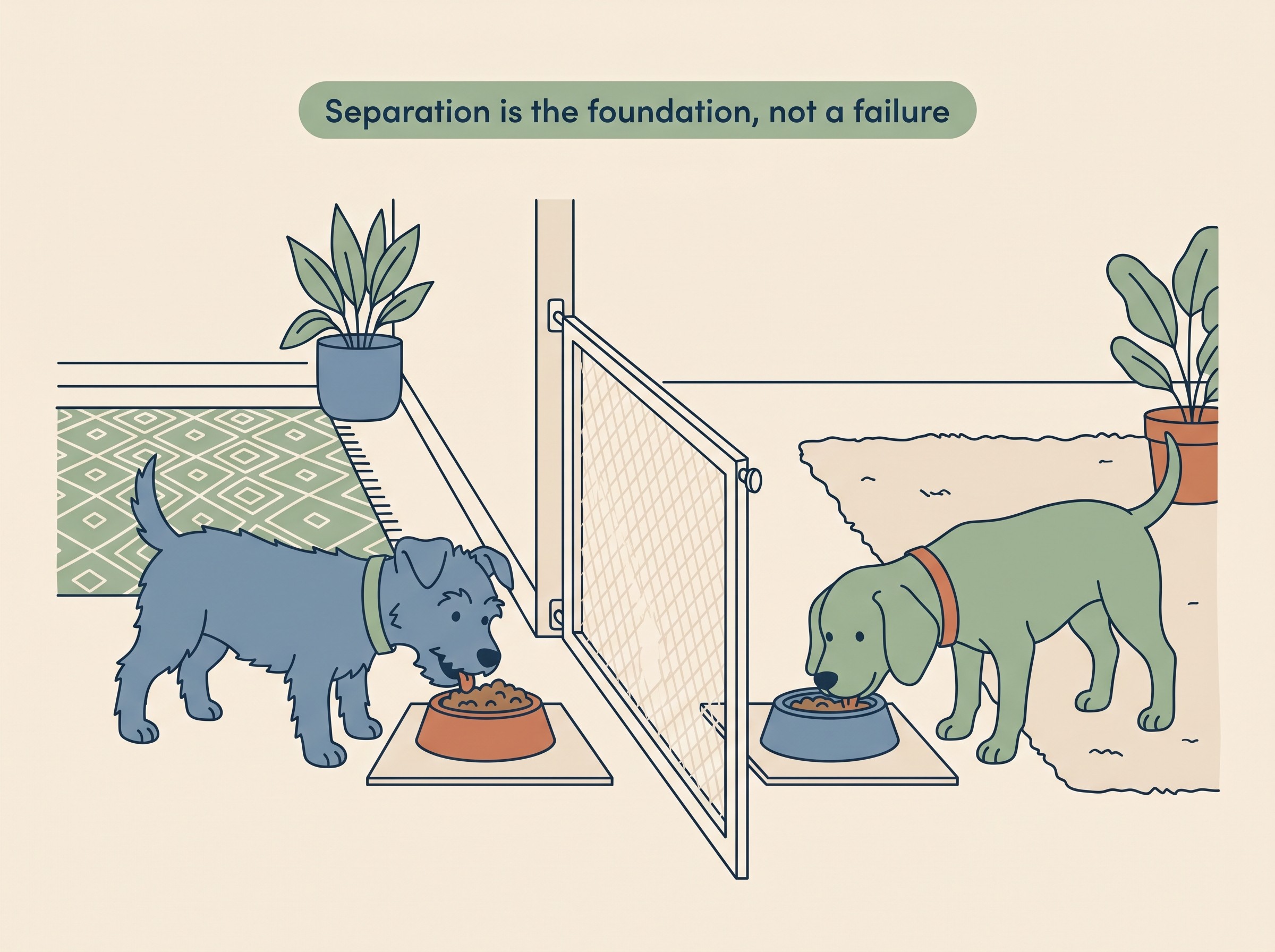 Two dogs fed in separate rooms behind a baby gate, with a calm clear barrier between them