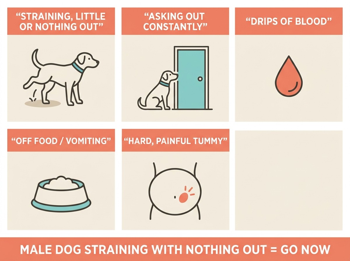 A flat-vector red-flag icon grid on cream with coral headers reading STRAINING, LITTLE OR NOTHING OUT, ASKING OUT CONSTANTLY, DRIPS OF BLOOD, OFF FOOD OR VOMITING and HARD, PAINFUL TUMMY, with a coral footer band reading MALE DOG STRAINING WITH NOTHING OUT EQUALS GO NOW.