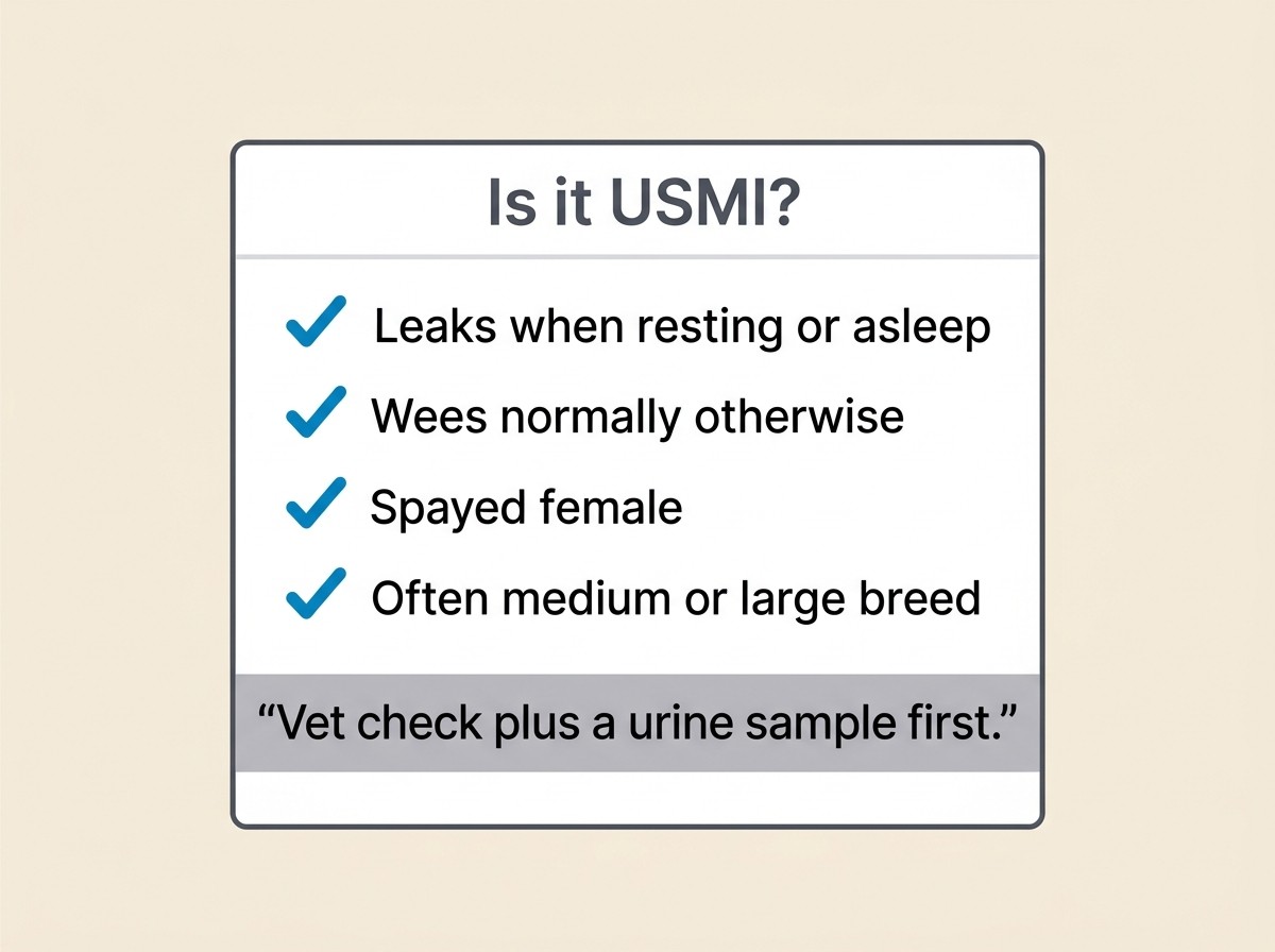 A simple checklist card headed "Is it USMI?" listing "Leaks when resting or asleep", "Wees normally otherwise", "Spayed female", "Often medium or large breed", "Often middle-aged", with a final step reading "Vet check plus a urine sample first."