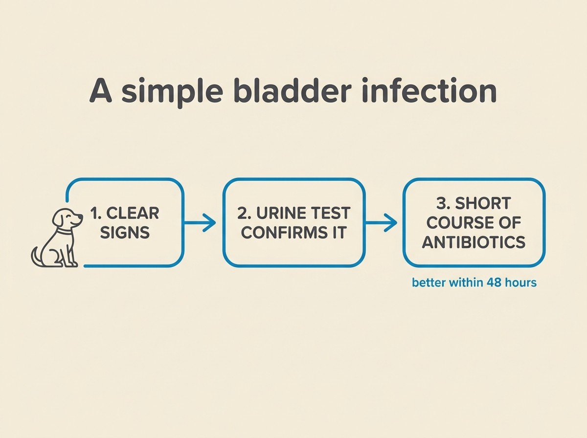 A simple flow card titled "Simple bladder infection" showing three boxes: clear signs, a urine test confirming infection, then a short course of antibiotics, with a small note reading "better within 48 hours".