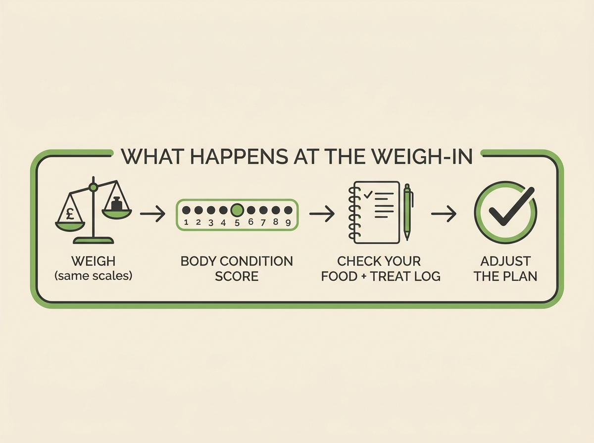 A leaf-green and charcoal instructional strip titled "WHAT HAPPENS AT THE WEIGH-IN" showing four steps with small icons: WEIGH on the same scales, BODY CONDITION SCORE, CHECK YOUR FOOD AND TREAT LOG, ADJUST THE PLAN.