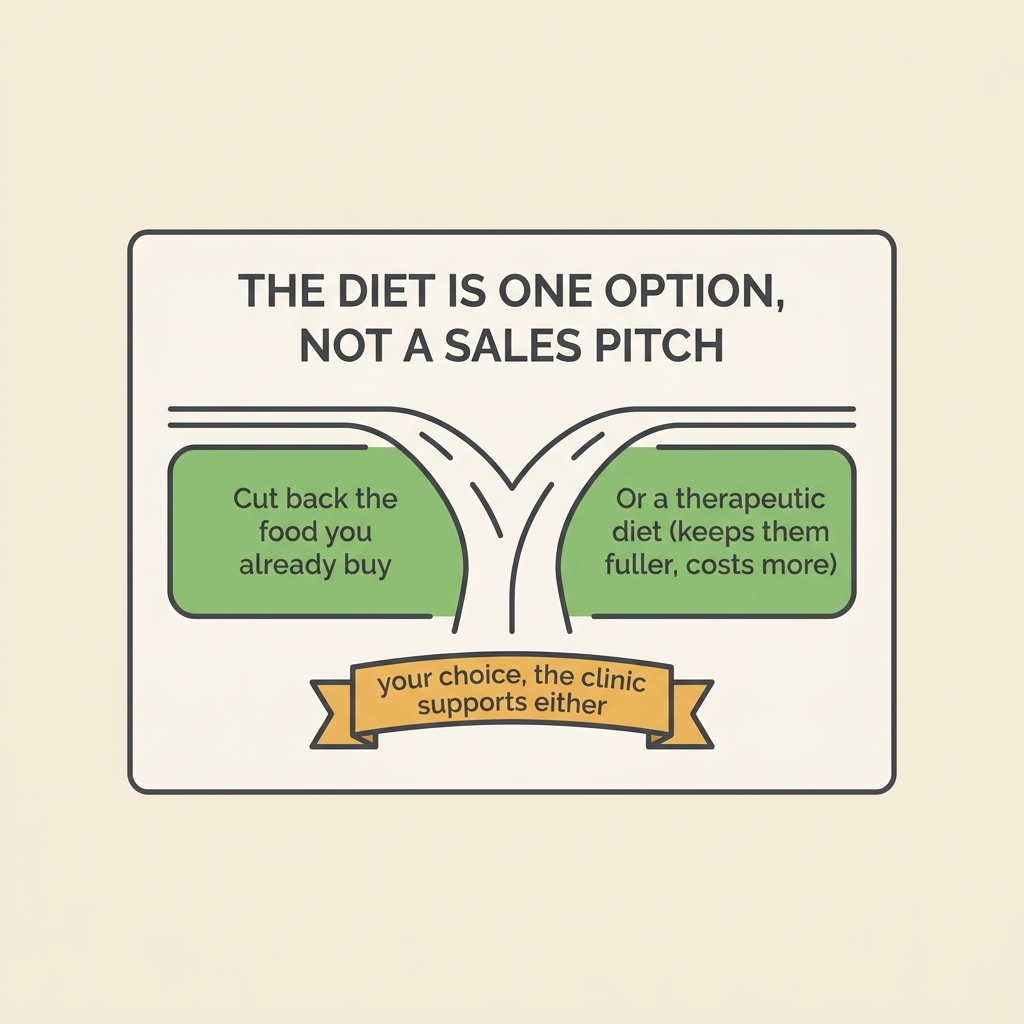 A reassurance card on cream titled "THE DIET IS ONE OPTION, NOT A SALES PITCH", split into two paths: left, "Cut back the food you already buy"; right, "Or a therapeutic diet (keeps them fuller, costs more)", with a honey-amber banner beneath reading "your choice, the clinic supports either".