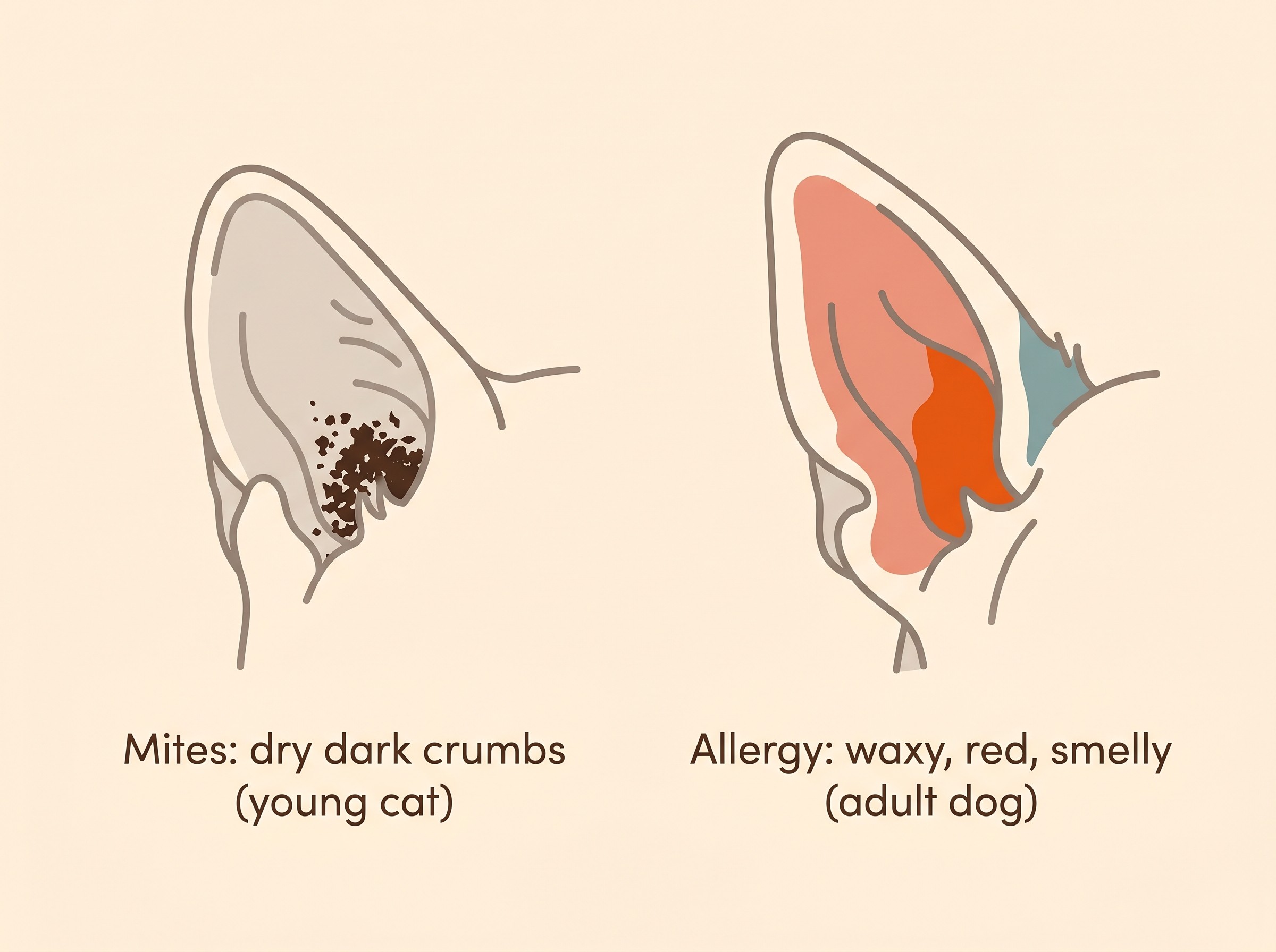 Dry dark coffee-ground crumbs deep in a young cat's ear shown beside a red, waxy, smelly adult-dog ear