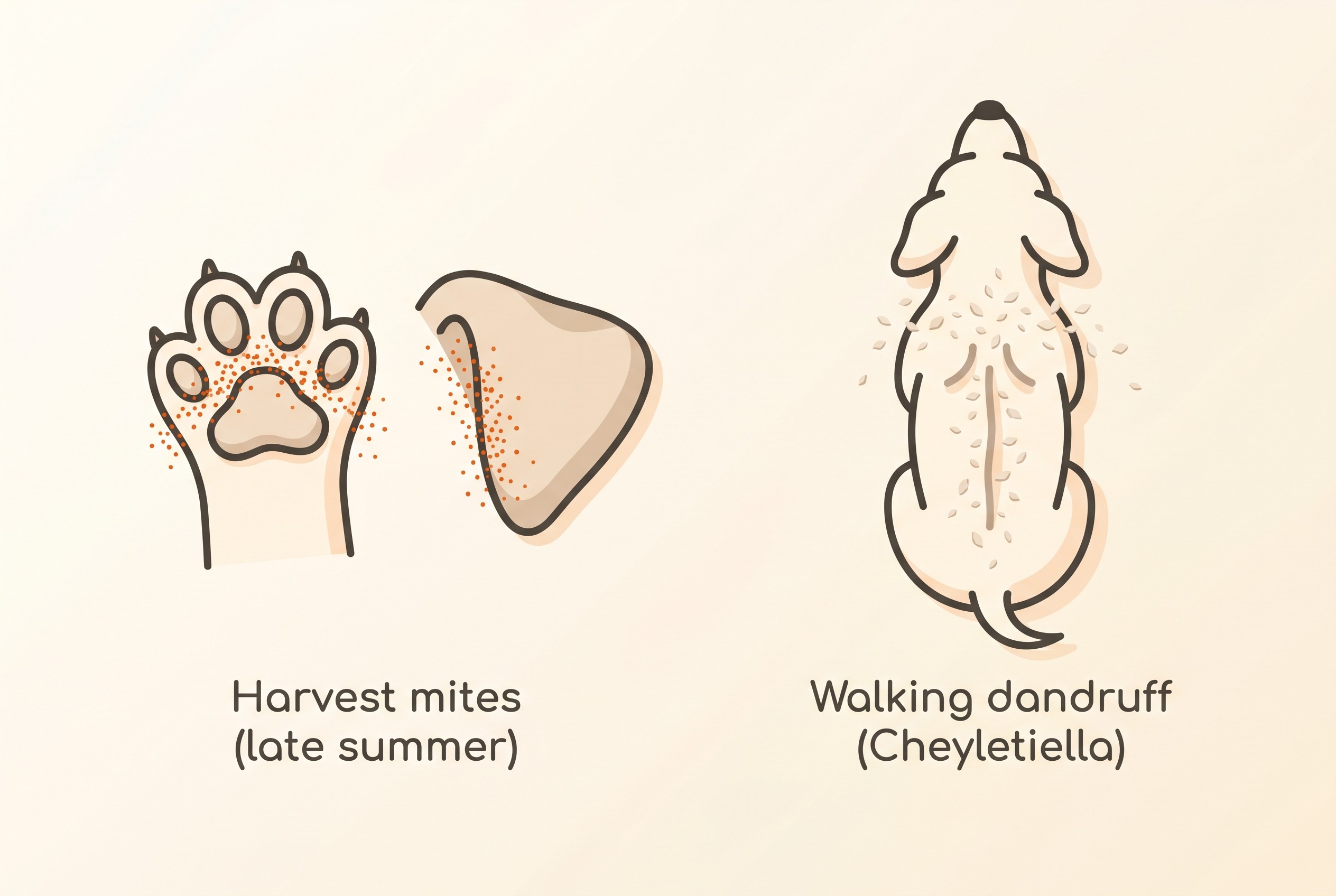 Bright orange specks between the toes and along the ear margins shown alongside moving dandruff scaled along a pet's back