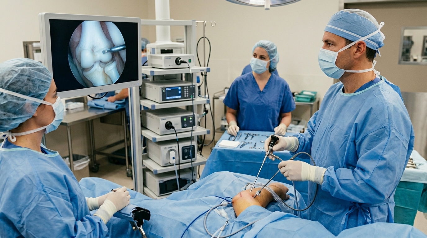 A glimpse of arthroscopic elbow surgery: a surgical team in scrubs working through small portals with an arthroscopy tower and monitor visible, soft clinical light, not graphic