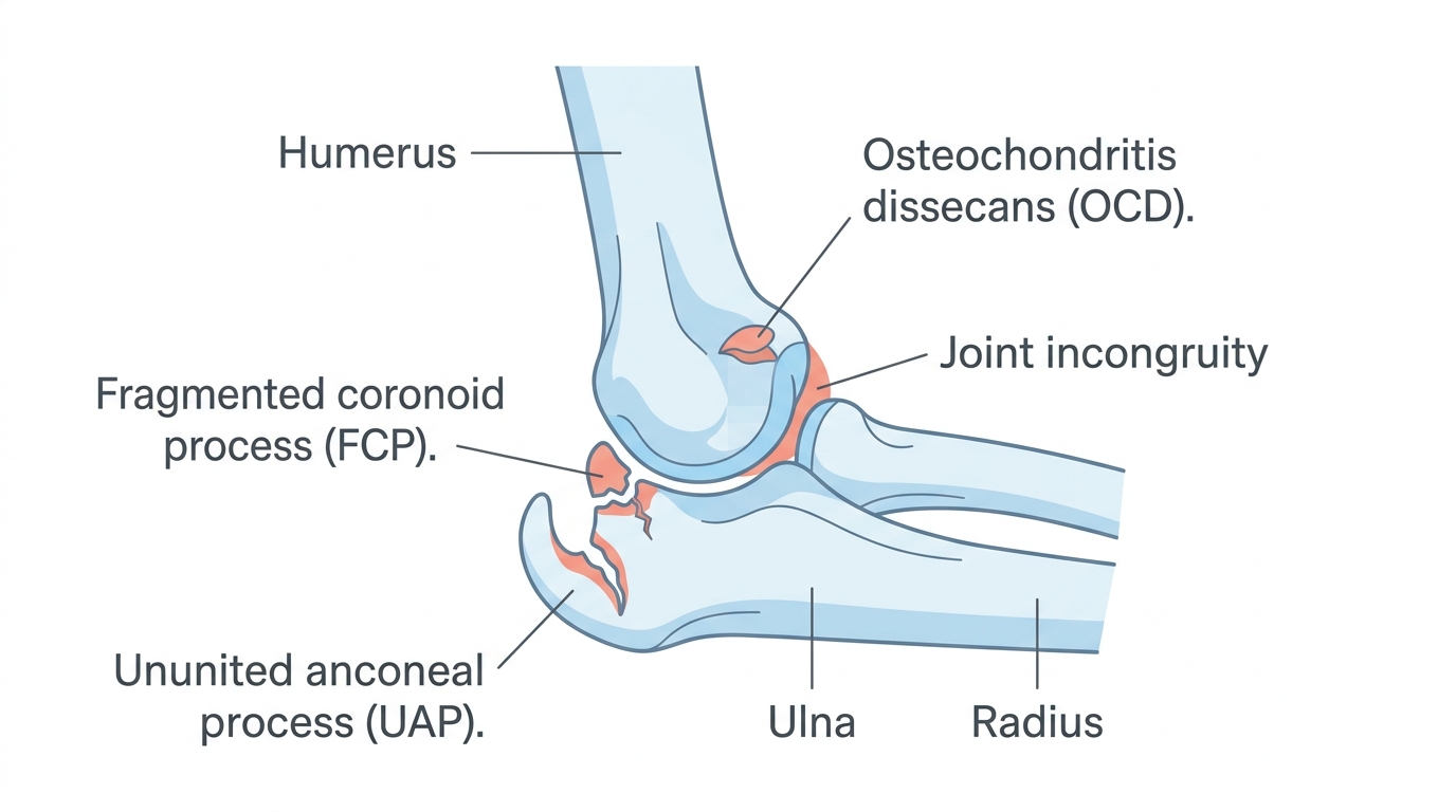 A clean medical illustration of a dog's elbow joint (humerus, radius and ulna) labelling the main forms of elbow dysplasia: a fragmented coronoid process, an ununited anconeal process, an osteochondritis dissecans cartilage flap, and joint incongruity, soft blue and coral palette
