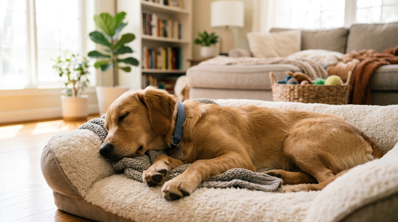 A young large-breed dog resting calmly on a soft bed at home during recovery, bright and comfortable, soft natural light
