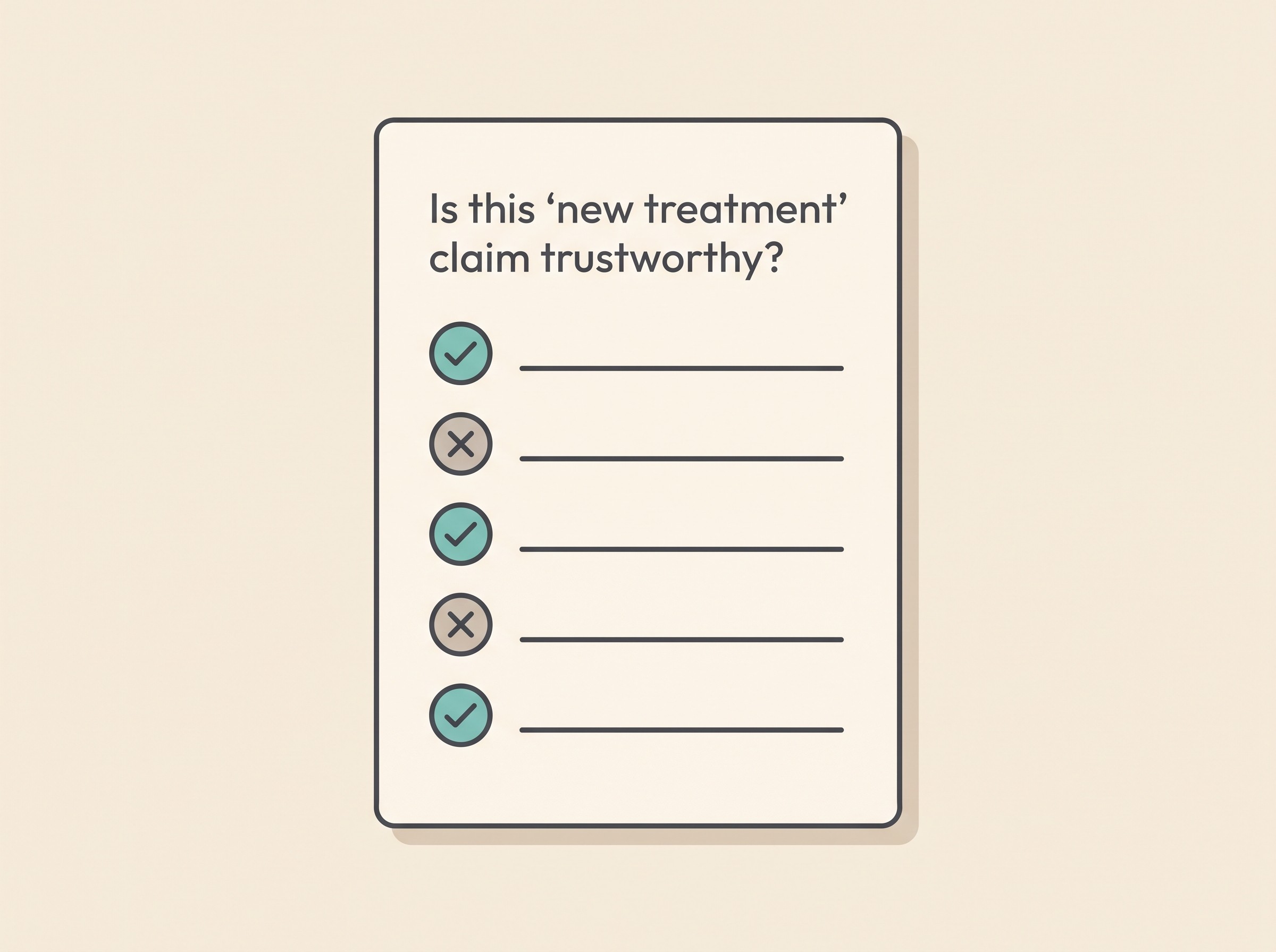 A flat illustration on a cream background of a simple five-point checklist titled "Is this 'new treatment' claim trustworthy?" with small tick and cross icons beside each line, soft charcoal and teal palette
