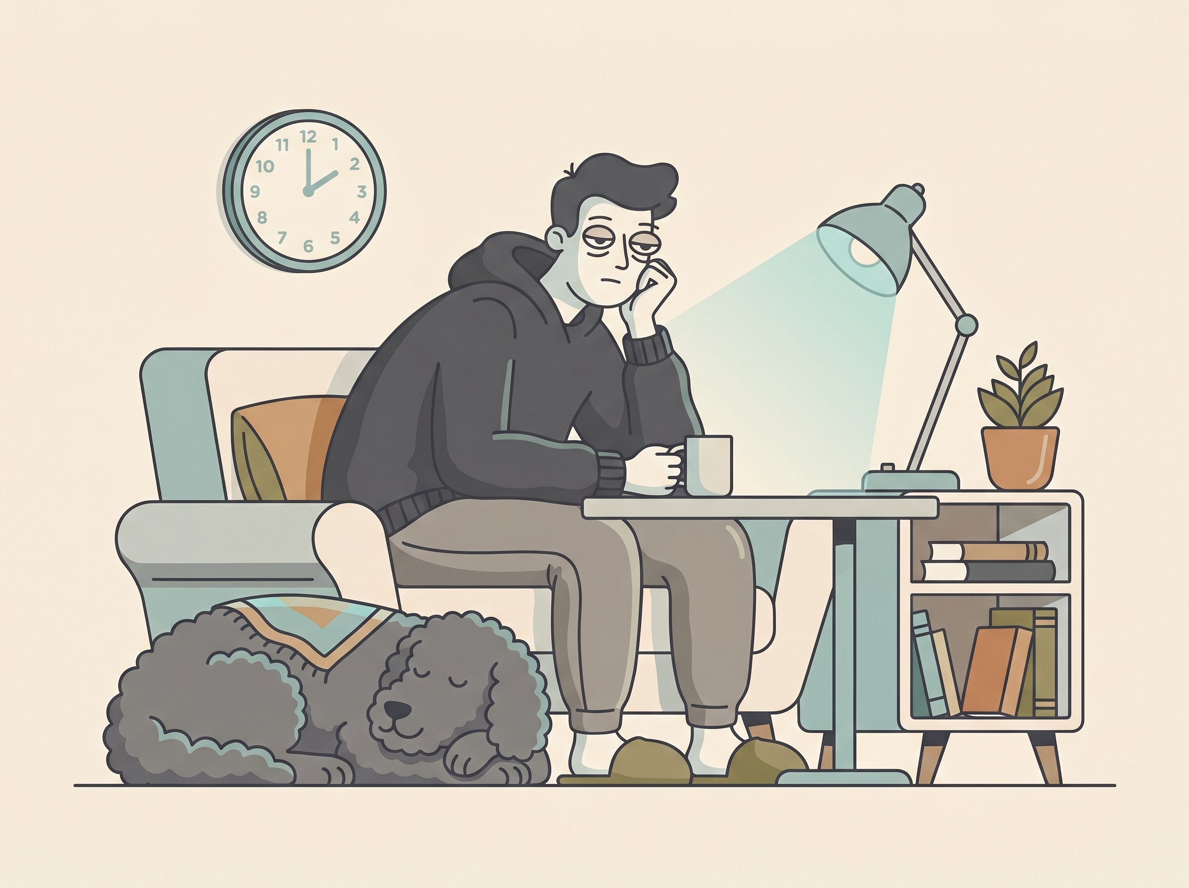 A flat illustration on a soft cream background showing a tired dog owner sitting up at night beside a sleeping dog, a clock on the wall, conveying watchful exhaustion rather than crisis, calm muted teal and warm tones