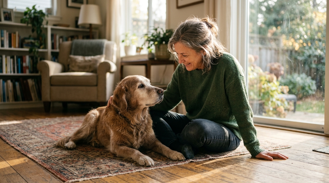 An owner sitting on the floor sharing a quiet, happy moment with their senior dog, gentle eye contact and a hand resting softly on them, warm afternoon light