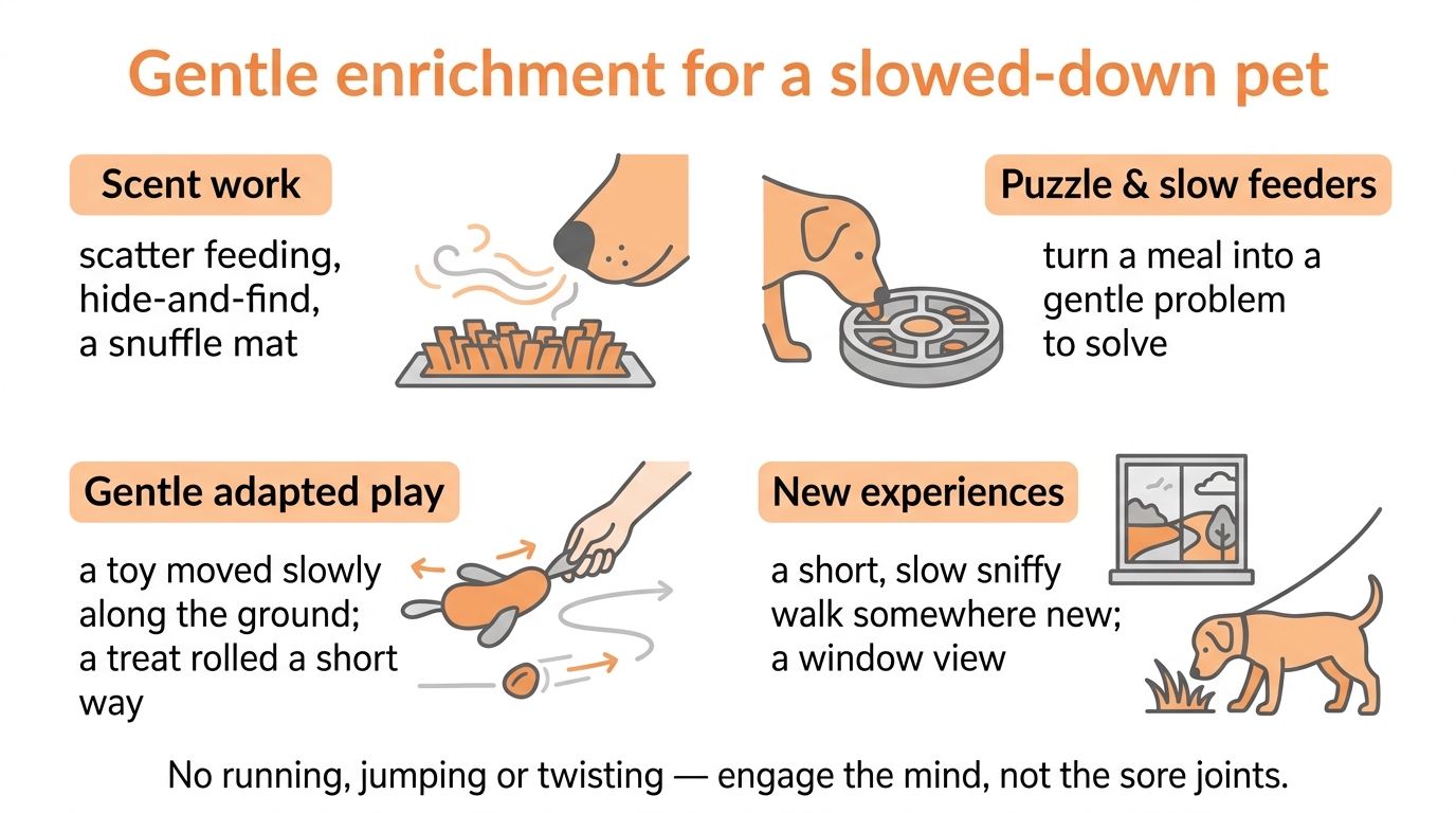 A gentle infographic of low-impact enrichment ideas for an arthritic pet: scent work and snuffle mats, puzzle and slow feeders, gentle adapted play, and new experiences like a short sniffy walk somewhere new, each with a simple icon and the note no running, jumping or twisting