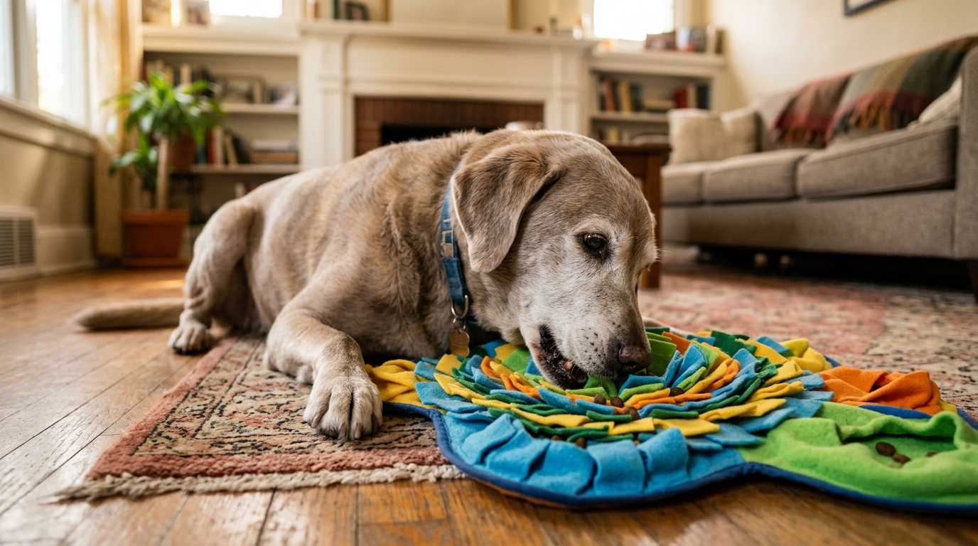 A senior dog nosing happily through a snuffle mat to find kibble, lying comfortably on the floor, soft warm light