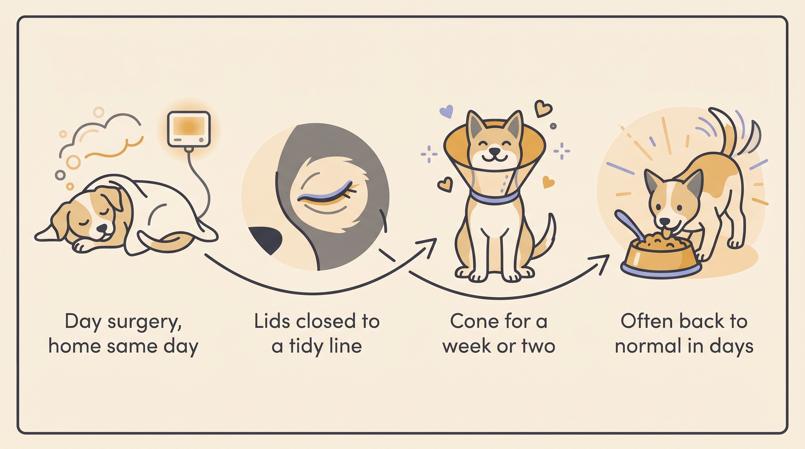 A calm four-step flat-icon strip on a cream background titled “What to expect”, showing a sleeping pet under anaesthetic labelled “Day surgery, home the same day”, then a neat closed eyelid line labelled “Lids closed to a tidy furred line”, then a happy pet wearing a cone labelled “Cone for a week or two”, then a bright pet at a food bowl labelled “Often back to normal in days”.