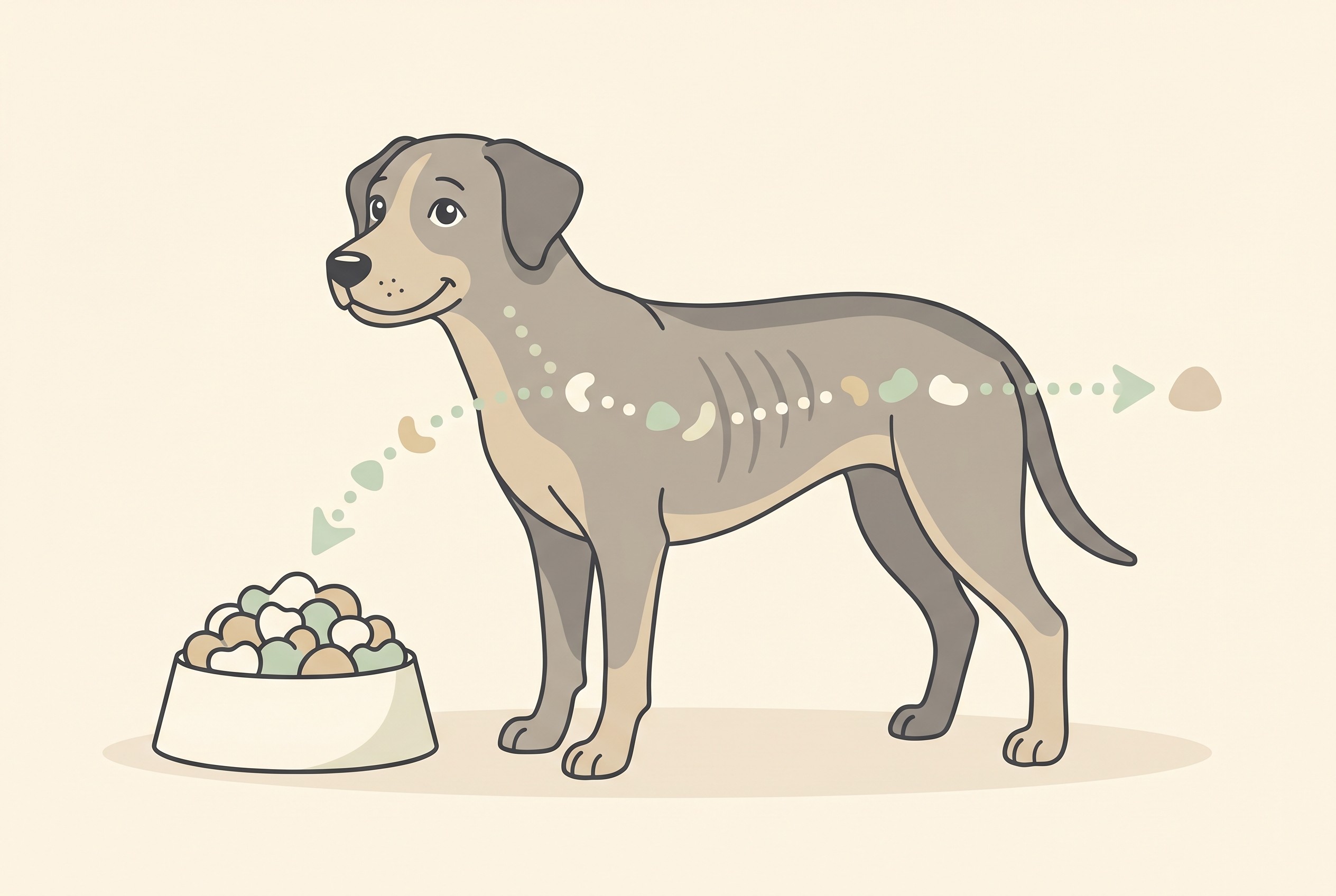 A hungry dog gazing at a full food bowl while looking visibly thin, illustrating that the food cannot be absorbed