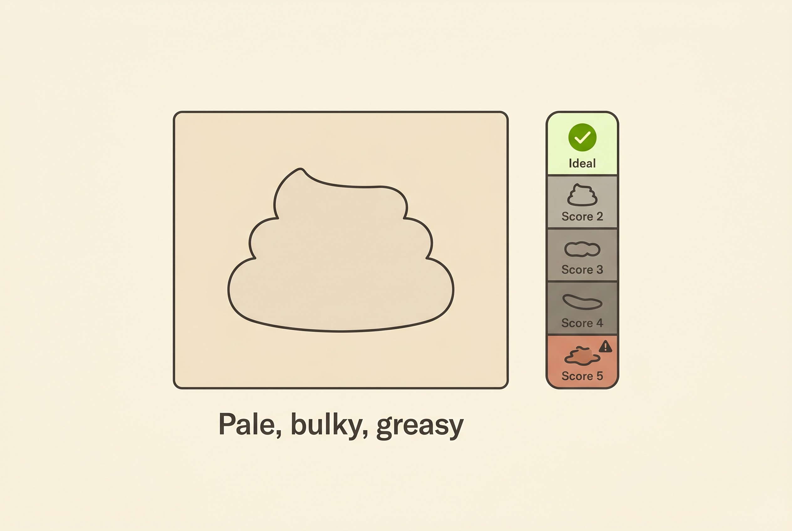 Large, pale, greasy faeces shown against a faecal scoring scale