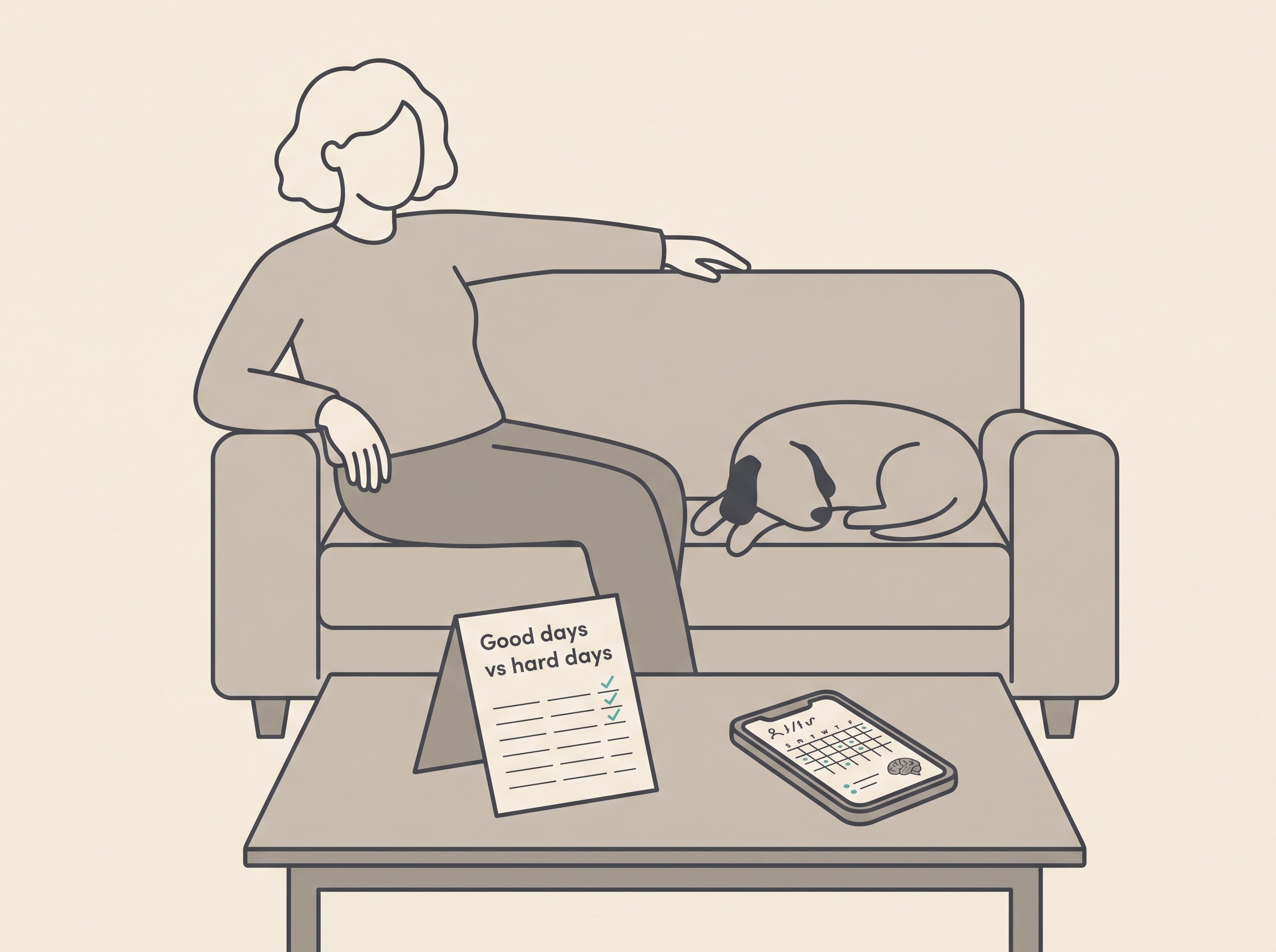 A calm illustration of an owner sitting with a dog on a sofa, a simple quality-of-life scorecard on the table beside a phone showing a seizure diary, soft warm domestic light, muted charcoal and teal palette