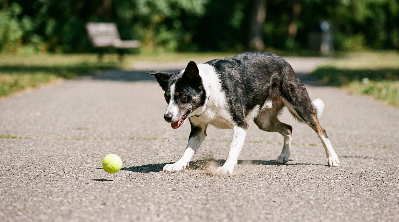 A dog mid-leap chasing a ball at speed on a hard surface, captured at the high-impact moment of landing, bright daylight