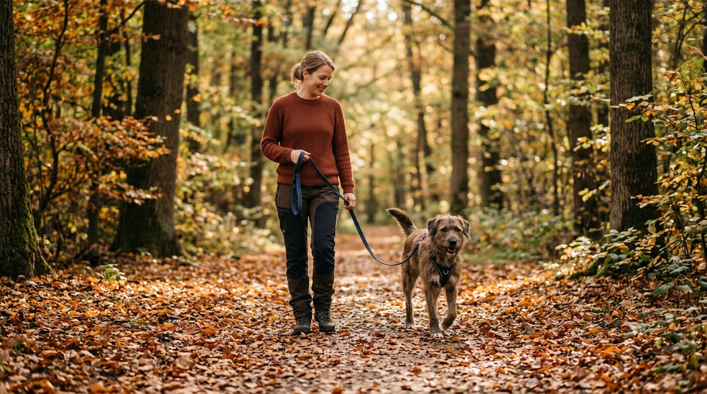 A medium-sized dog walking calmly on a controlled lead with their owner along a wooded path of soft fallen leaves, dappled forest light, relaxed pace
