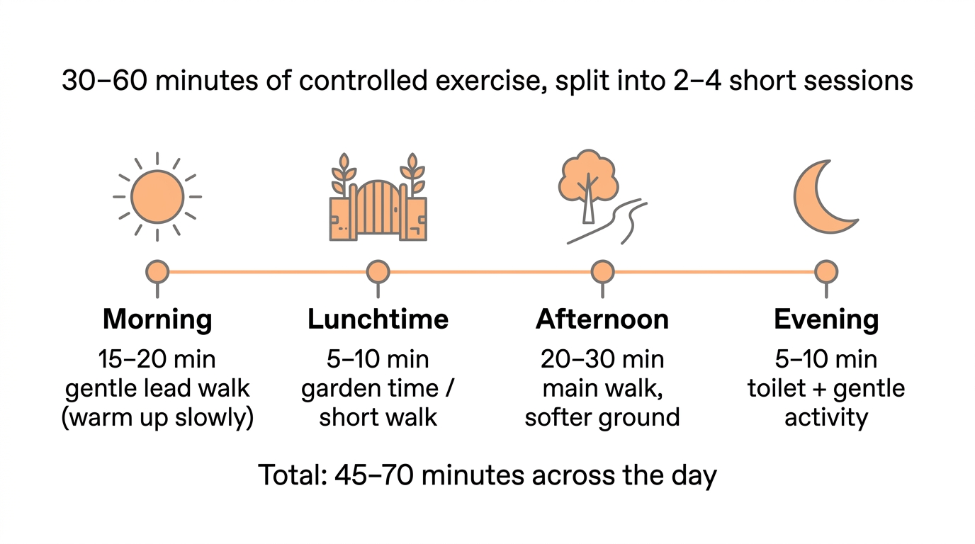 A 24-hour clock infographic with four small walking icons at morning, midday, afternoon and evening, showing the sessions add up to 45 to 70 minutes of gentle exercise across the day