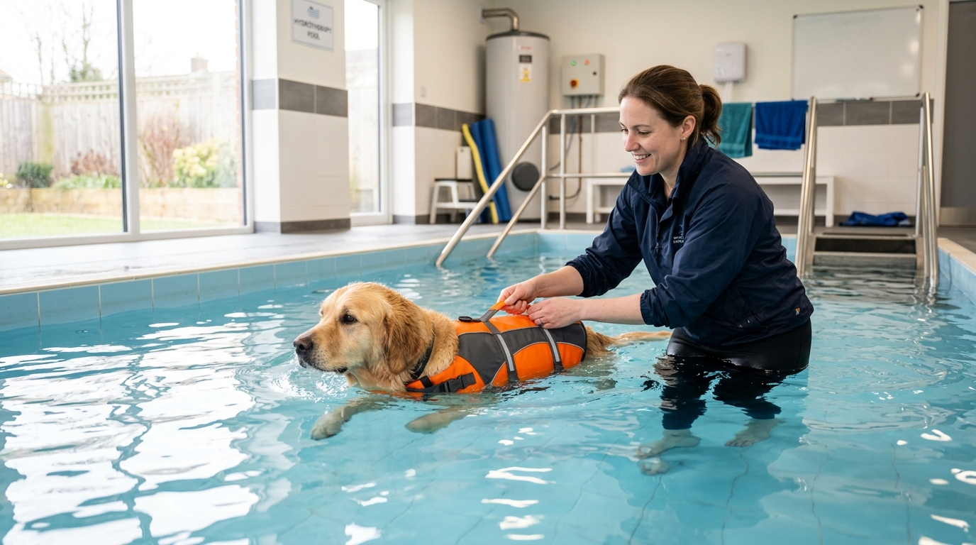 A dog swimming calmly in a clean indoor hydrotherapy pool, a therapist supporting them gently in a flotation jacket, warm clinical light through windows